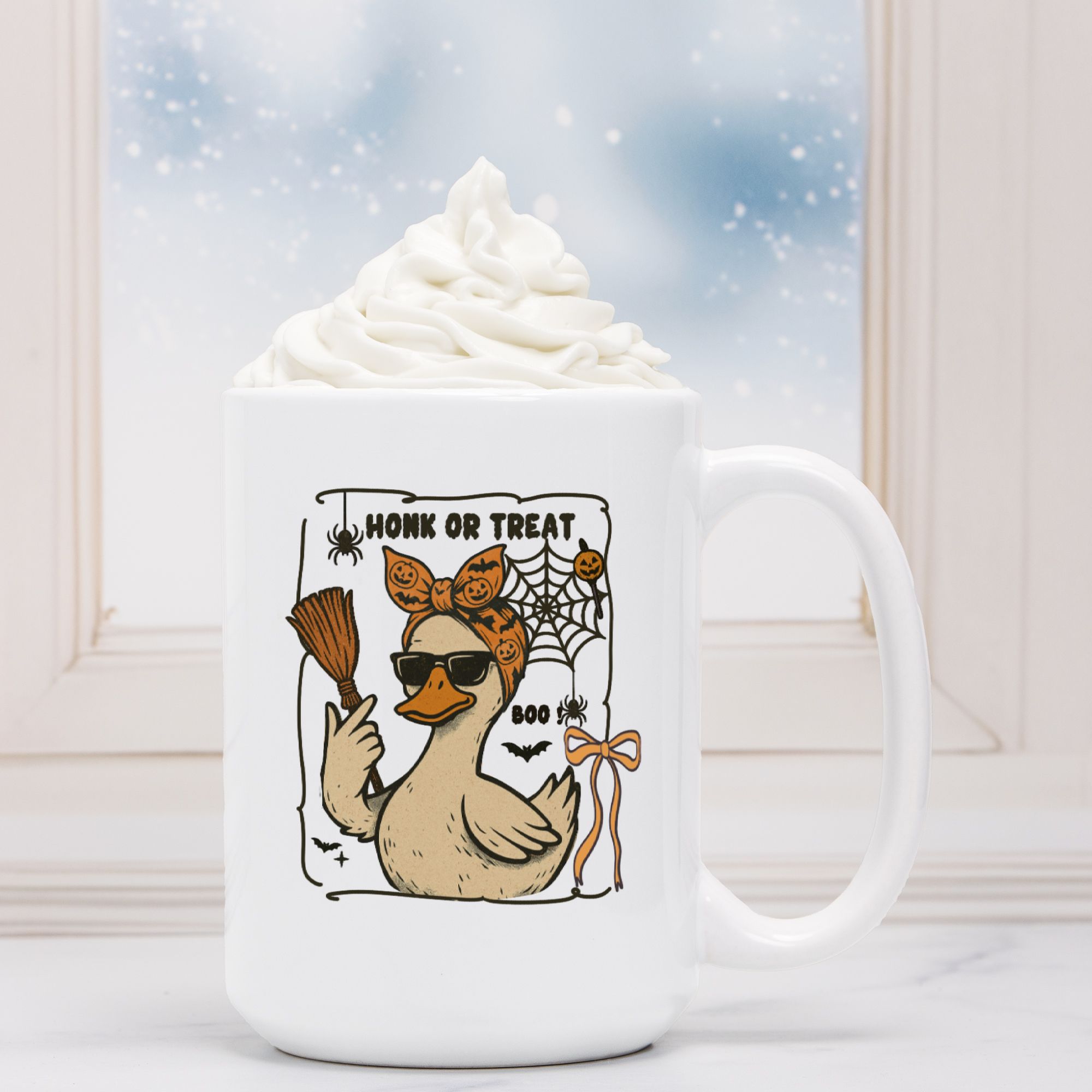 White mug with a duck wearing sunglasses and a bow, holding a broomstick, with text 'Honk or Treat' and 'Boo' on a snowy background.