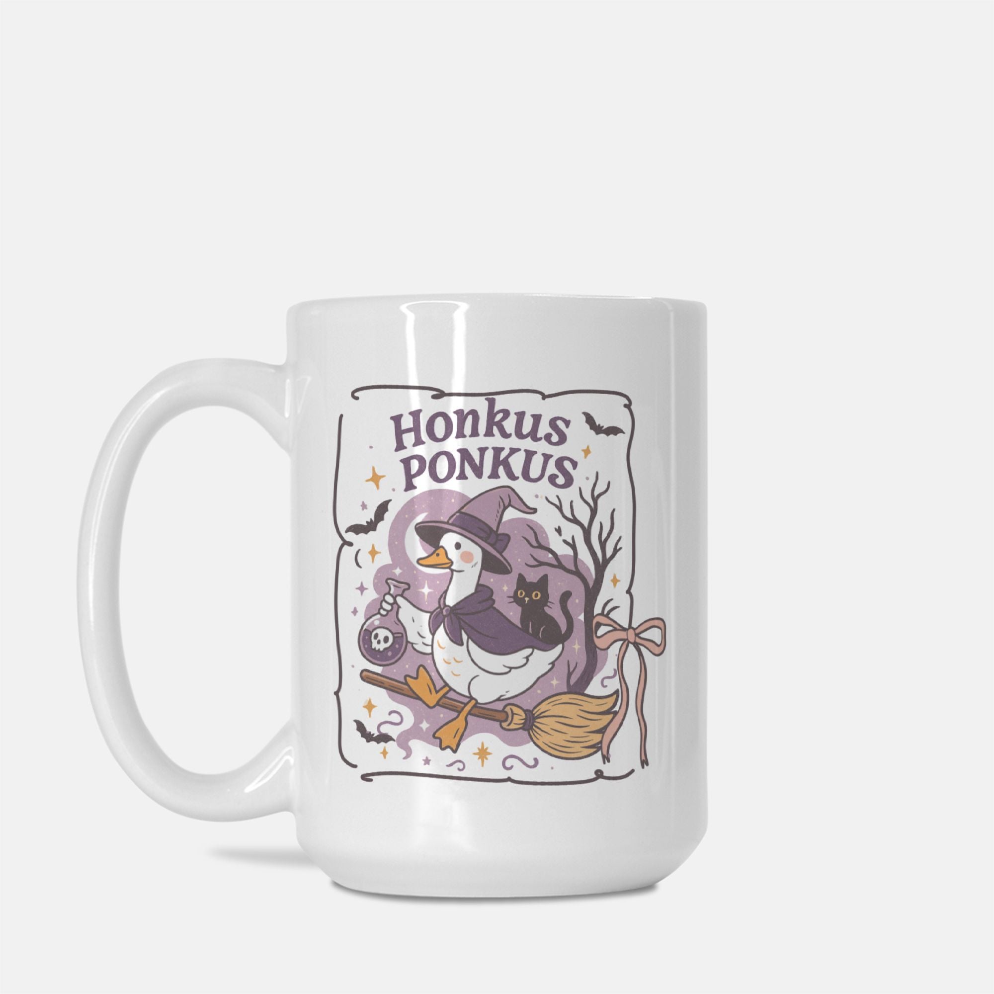 White mug with a witch-themed design and 'Honkus Ponkus' text on a white background