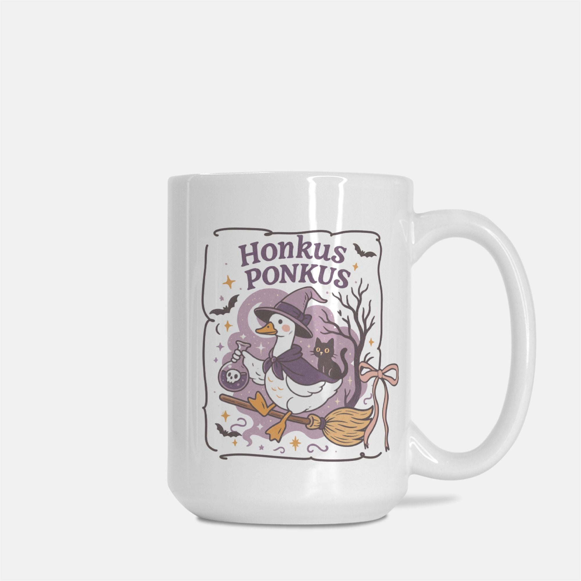 White mug with Halloween-themed design featuring a duck in a witch hat and broomstick, with 'Honkus Ponkus' text.