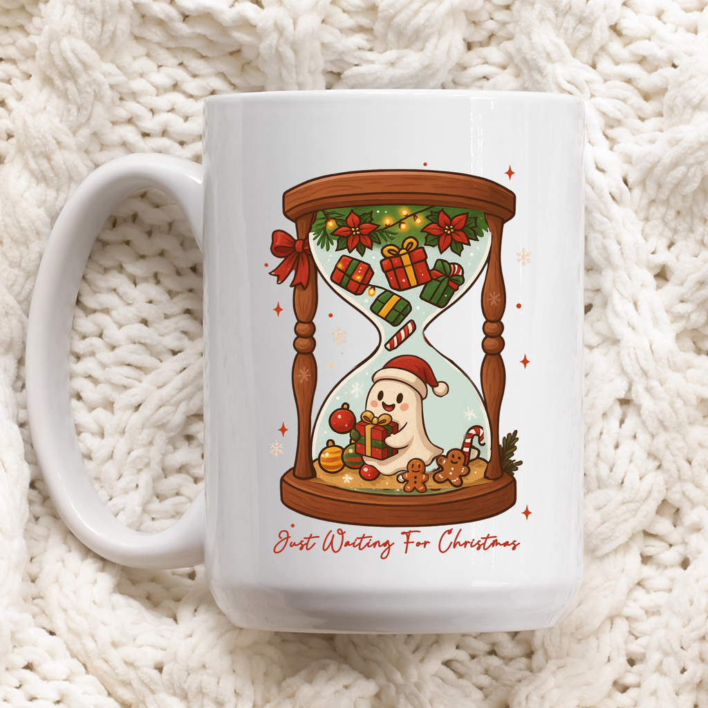 White mug with Christmas-themed design featuring an hourglass and festive elements on a white textured background.