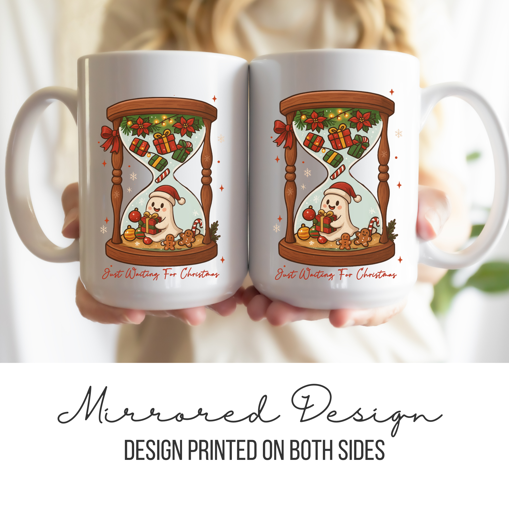 Two white mugs with a mirrored Christmas design held together, showing a snowman and gift box illustration.