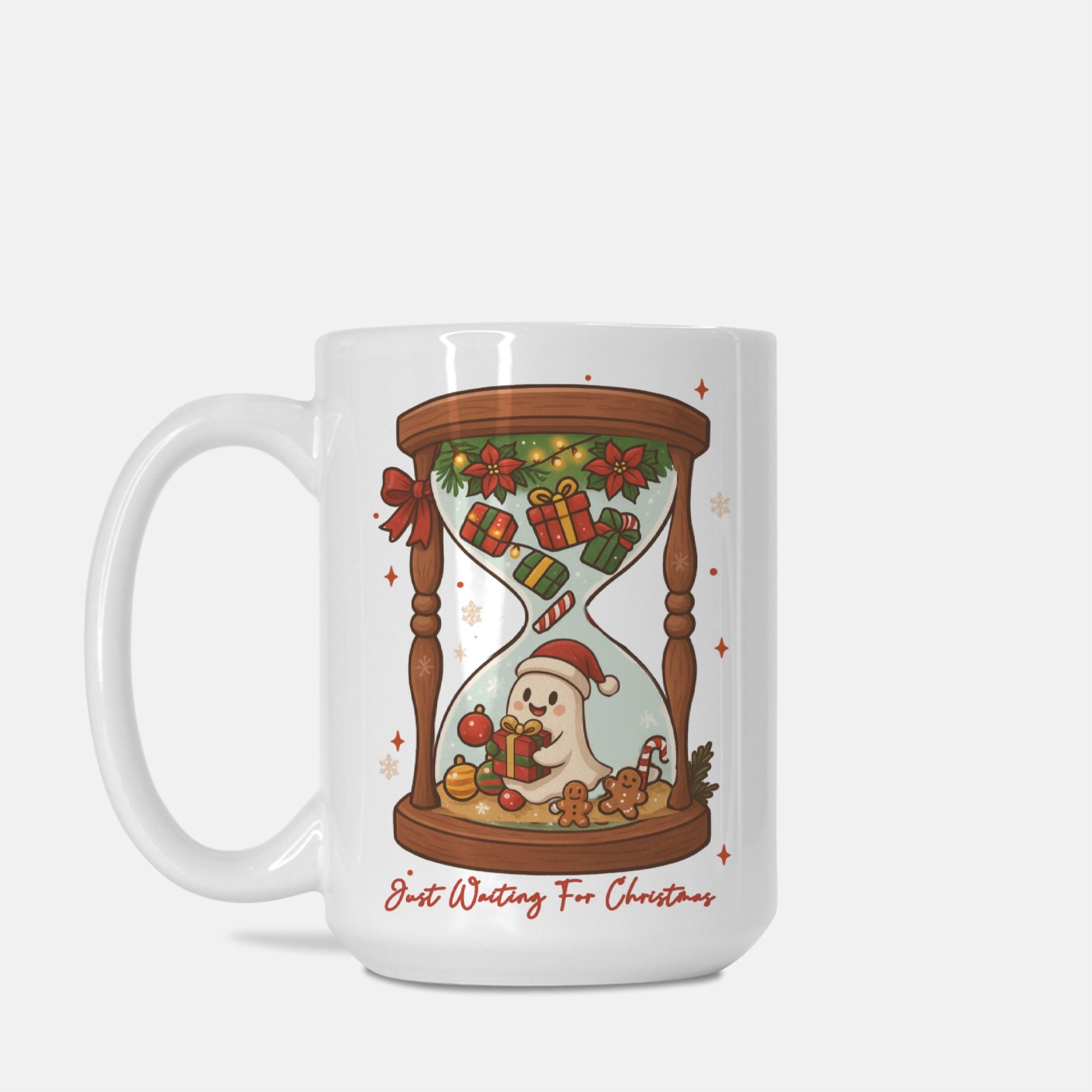 White mug with Christmas-themed design featuring a ghost in a Santa hat and candy cane, with text 'Just Waiting For Christmas'.