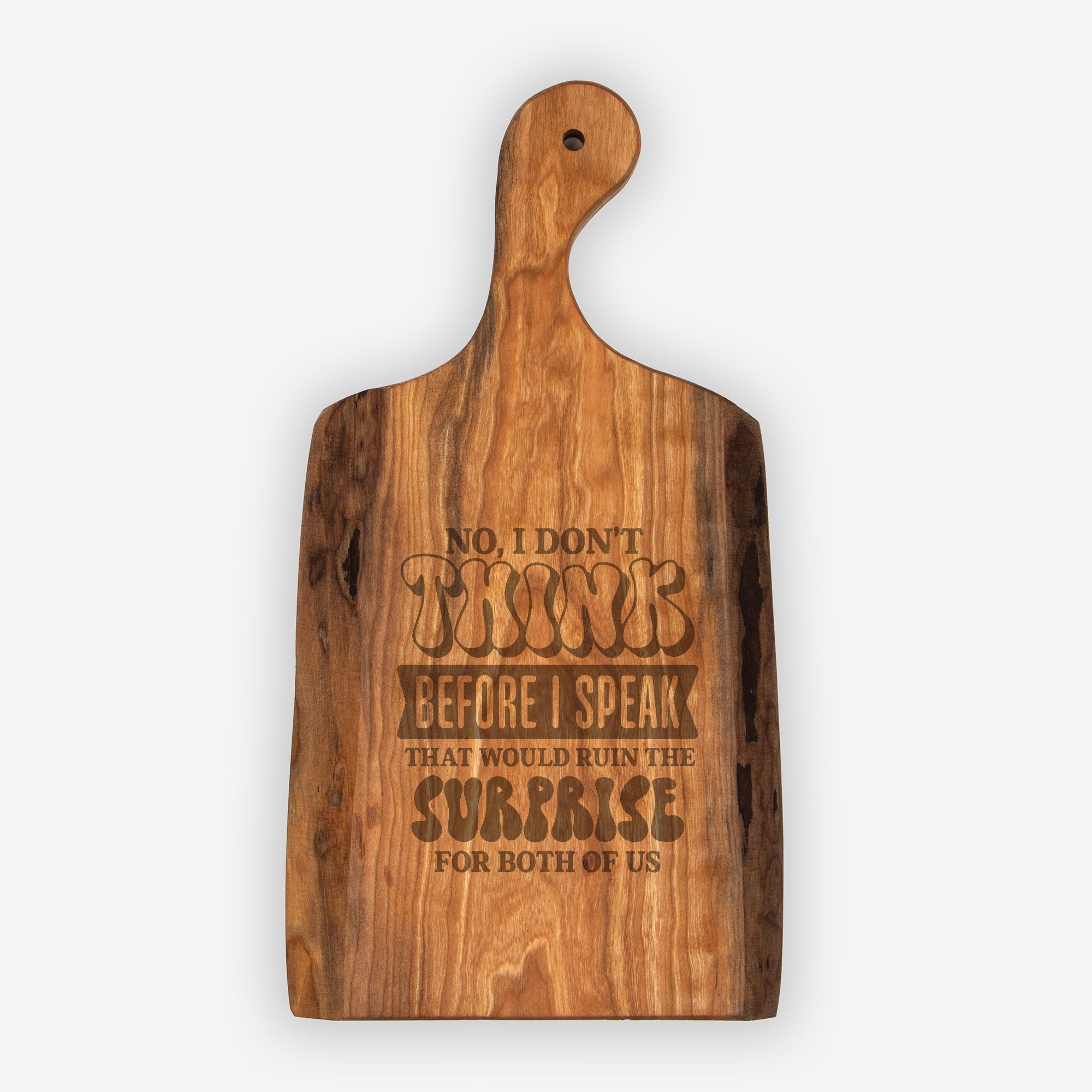 Wooden cutting board with engraved text on a white background