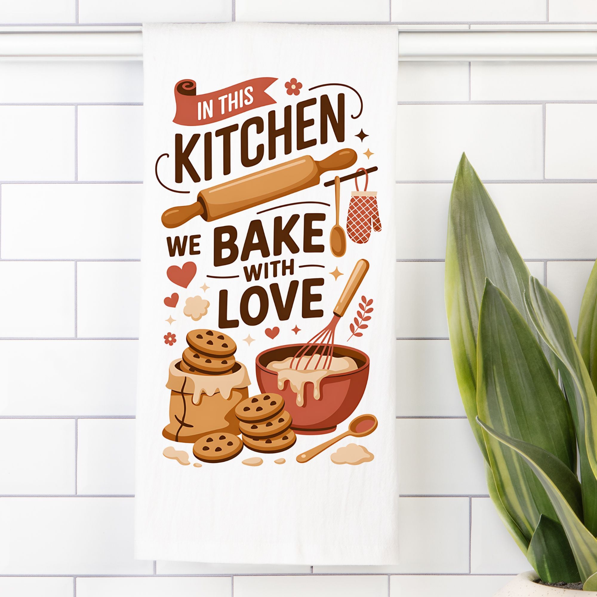 Decorative kitchen wall art with baking-themed text and illustrations on a white tiled wall.