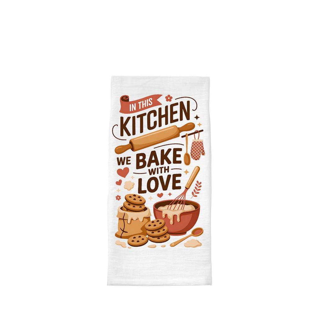 Kitchen-themed towel with baking illustrations and text on a white background