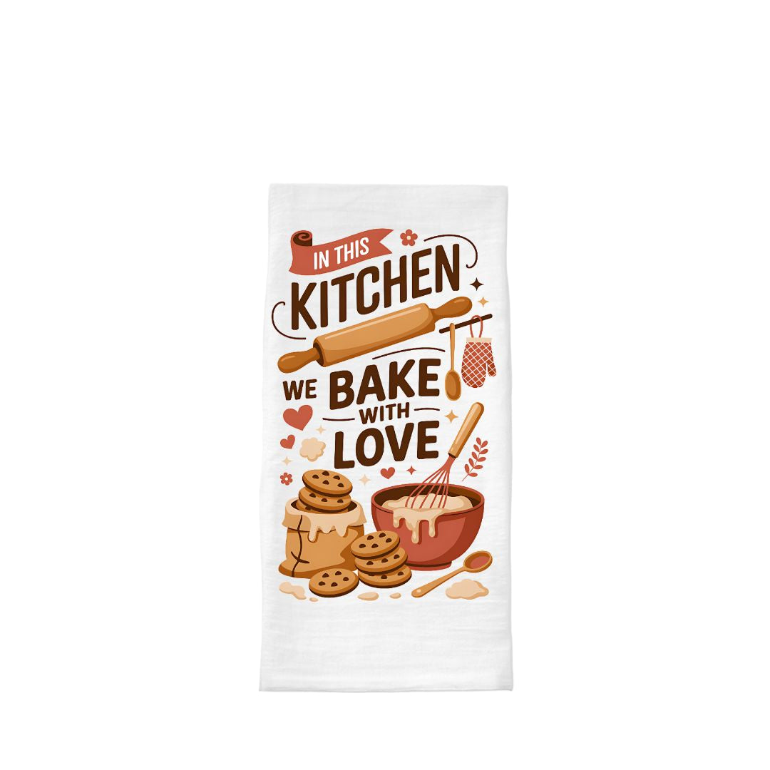 Kitchen-themed towel with baking illustrations and text on a white background