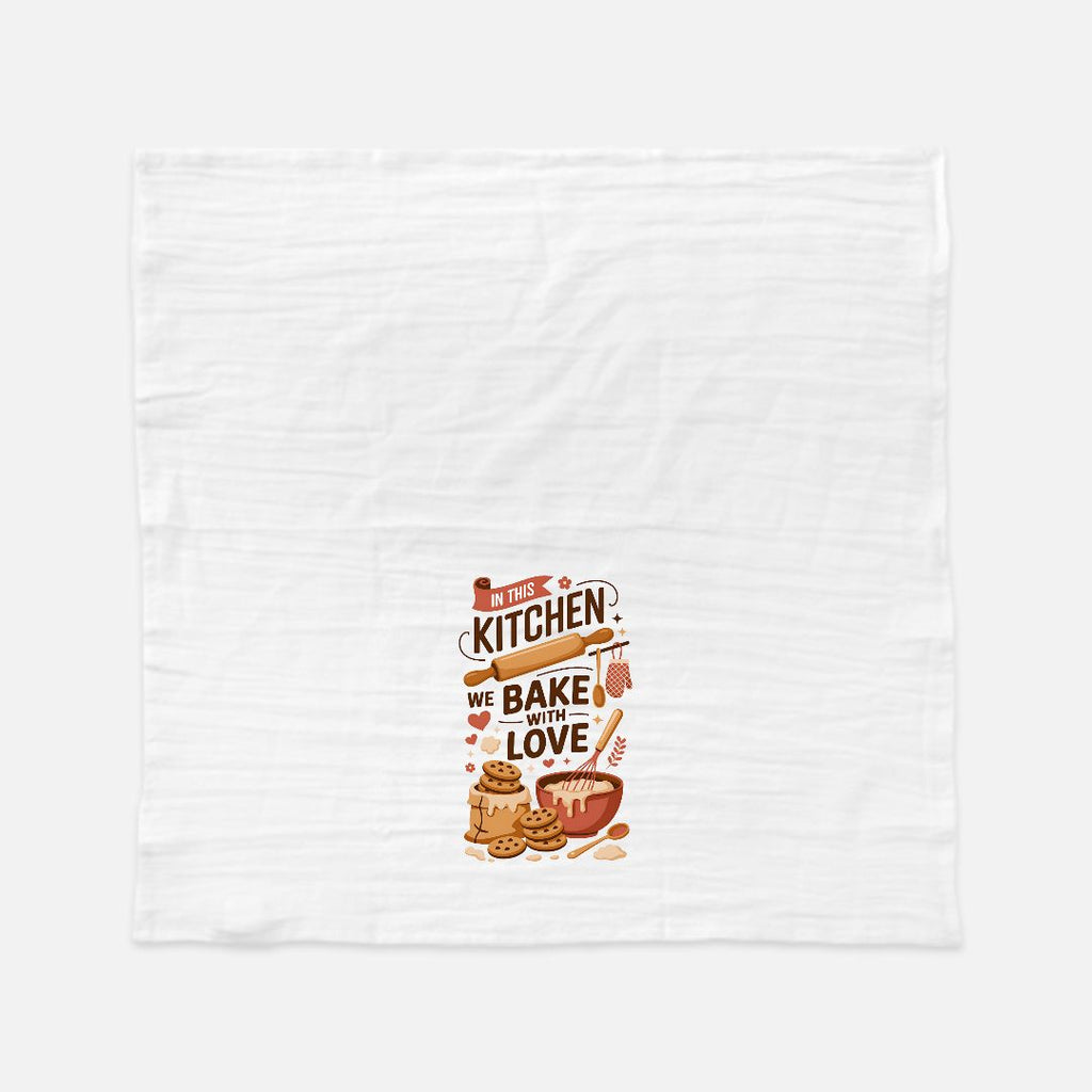 White towel with a kitchen-themed design and text on a white background