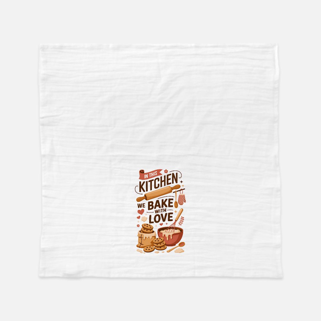 White towel with a kitchen-themed design and text on a white background
