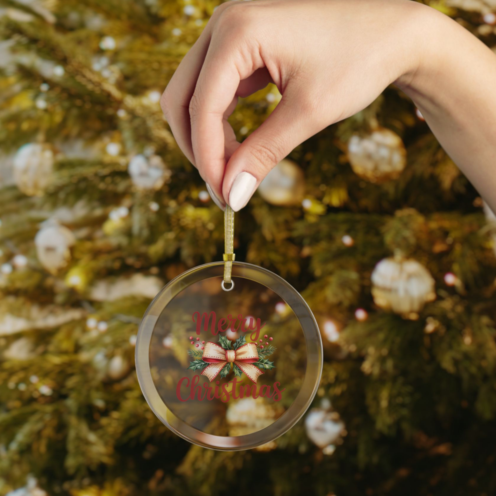 Retro Merry Christmas Ornament - Clear Glass (Round)