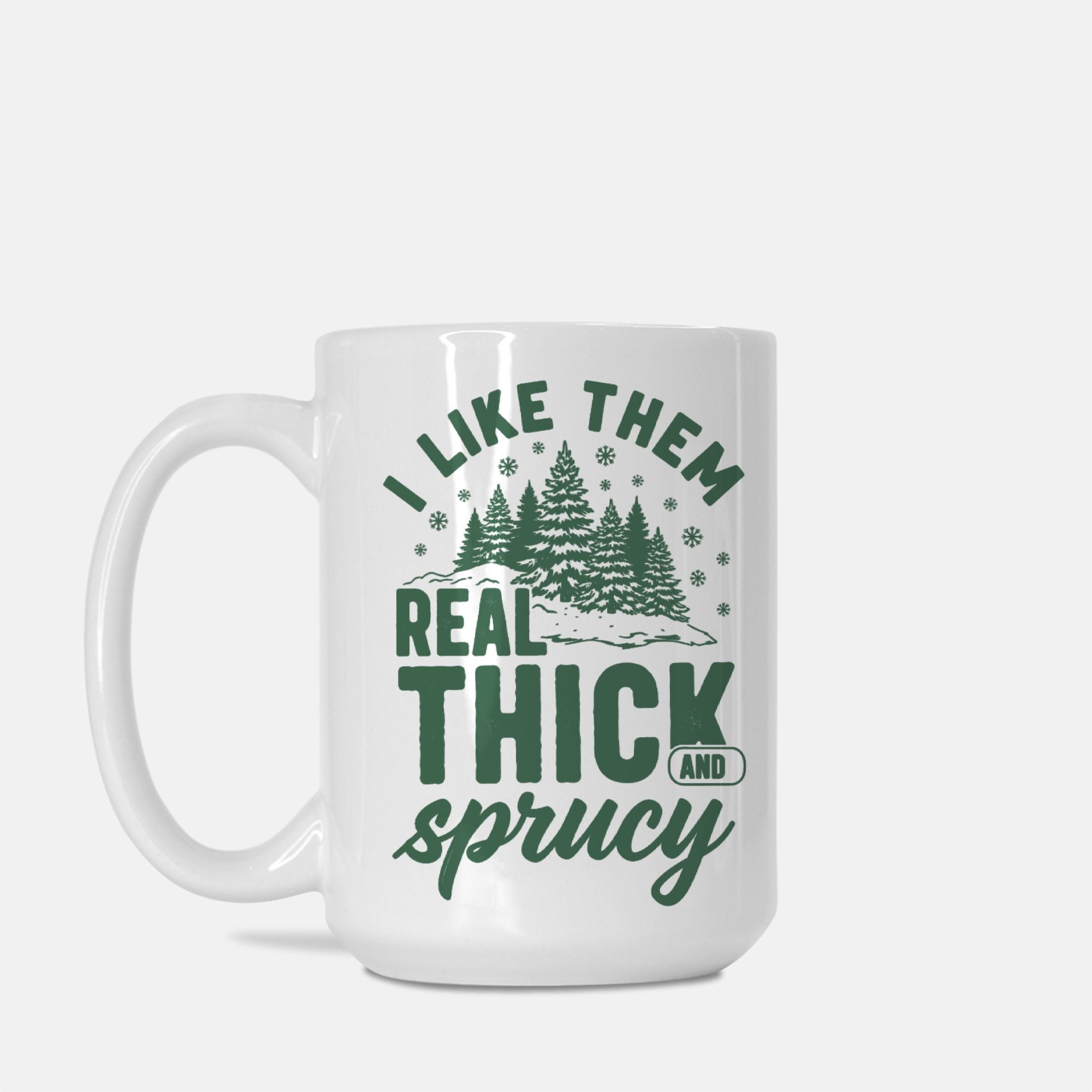 White mug with green text and forest design on a white background