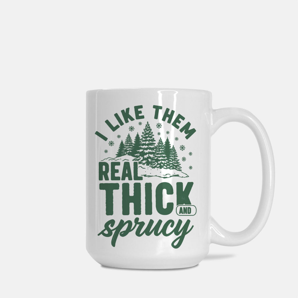 White mug with green text and forest design on a white background