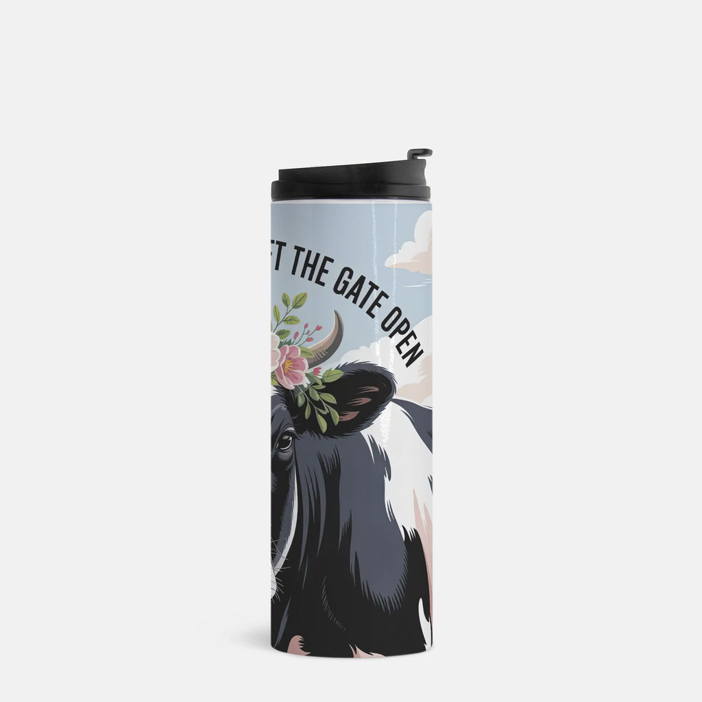 Tumbler with cow design and text 'Let the gate open' on a light blue background