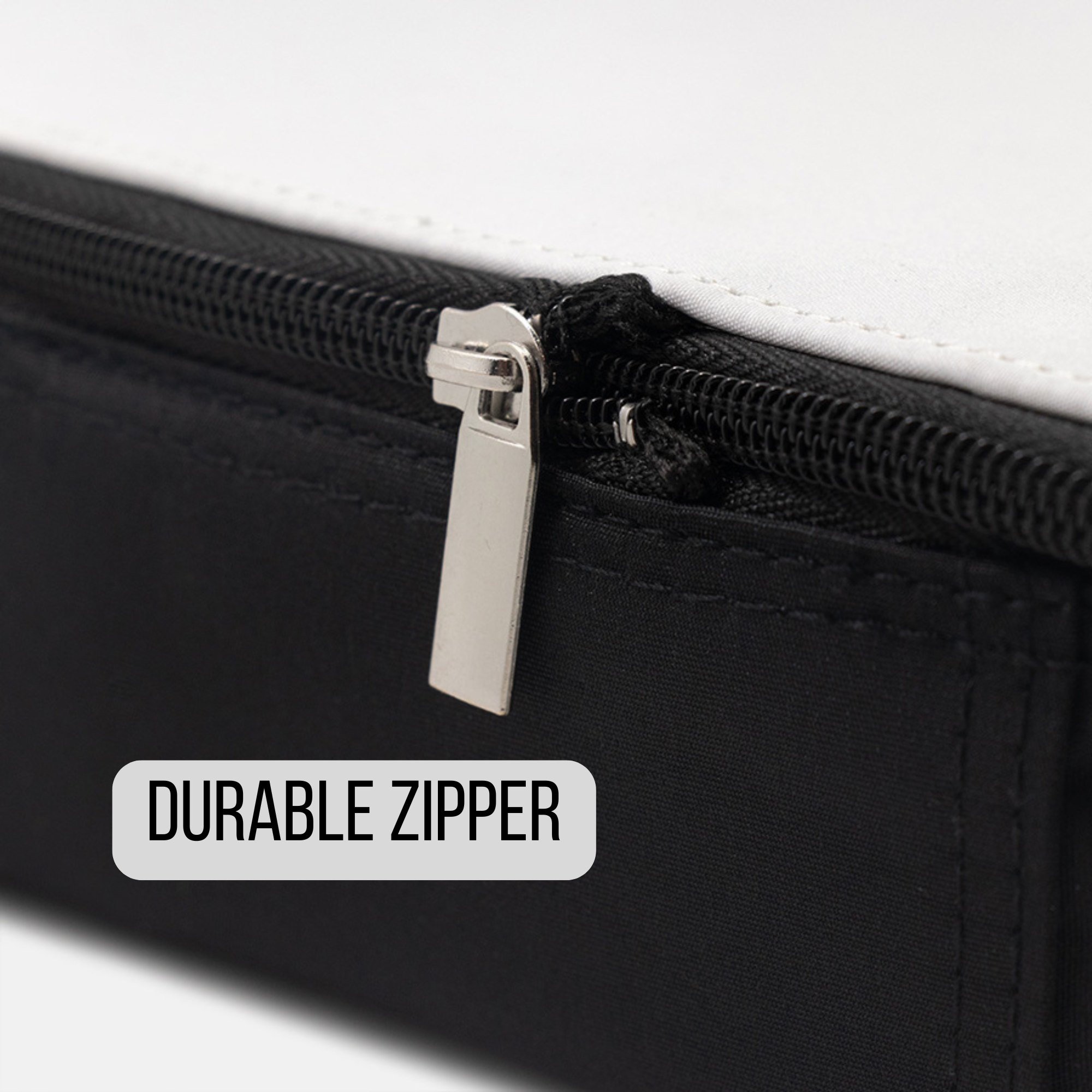 Close-up of a durable zipper on a black bag with a white background