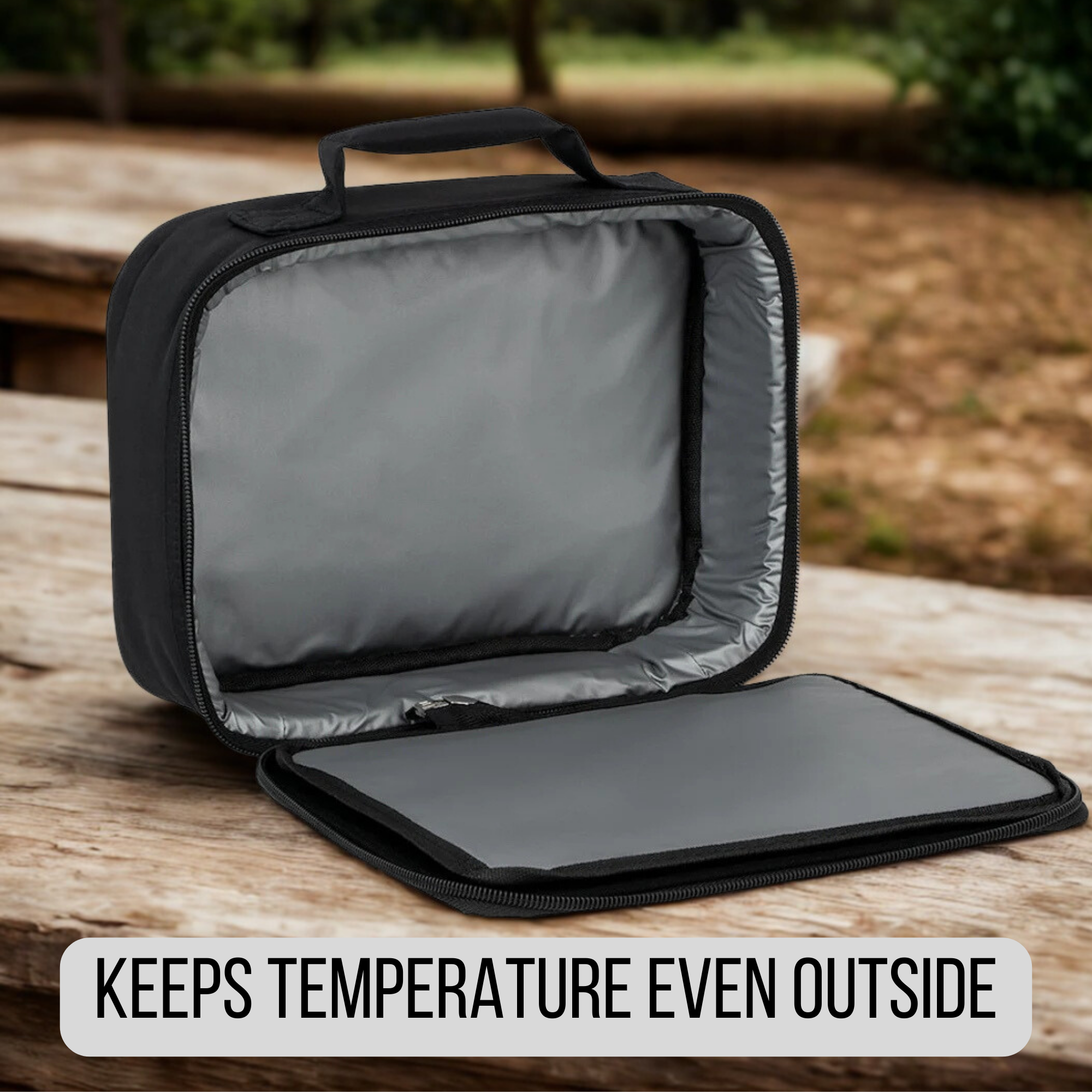 Black insulated lunch bag on a wooden surface with text 'KEEPS TEMPERATURE EVEN OUTSIDE'.