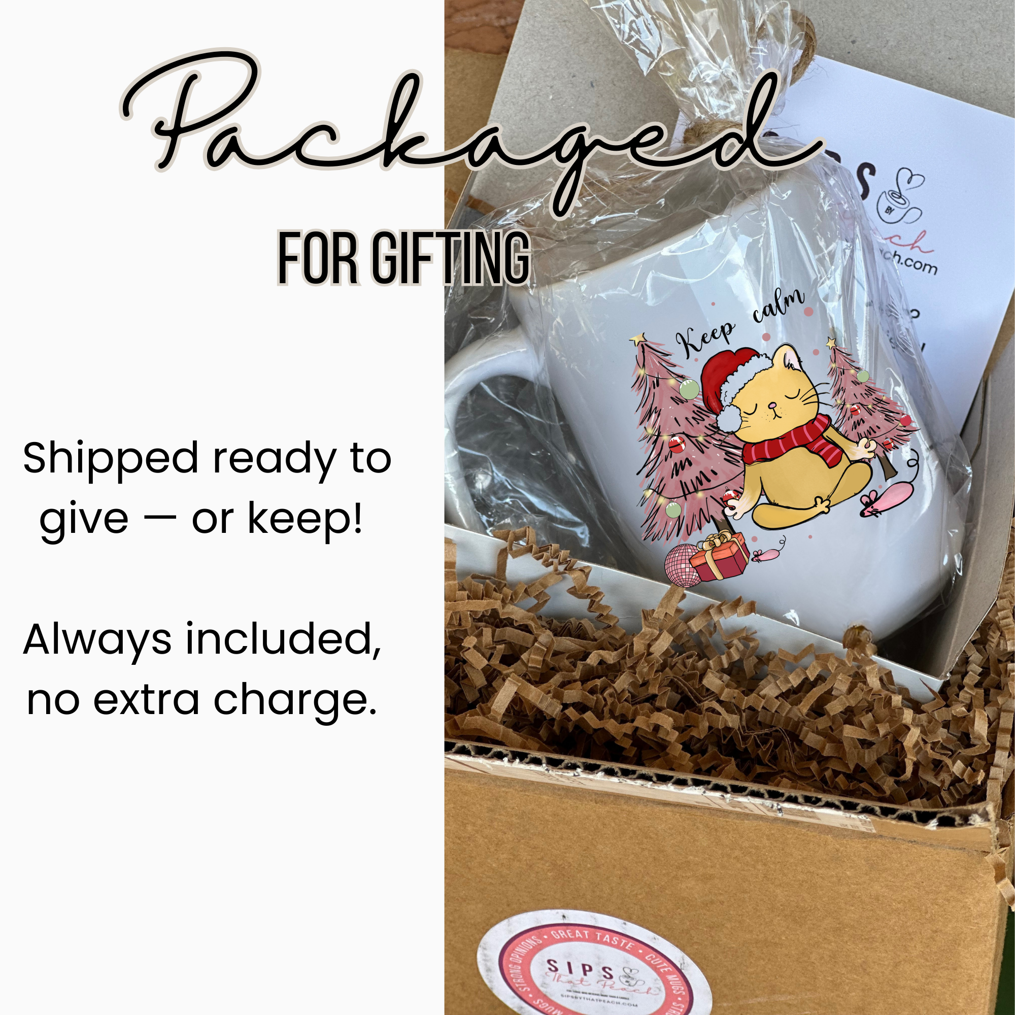 Mug with a Christmas design in a gift box, labeled 'Packaged for Gifting'.