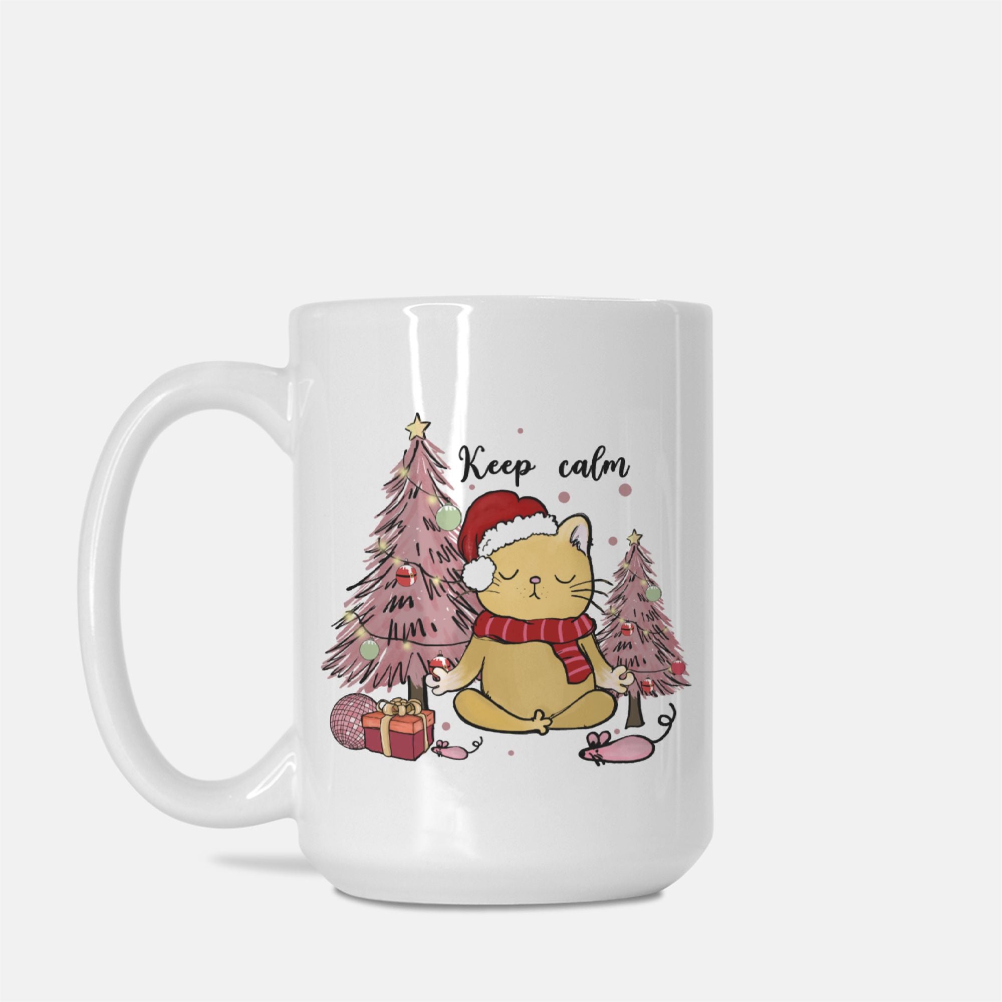 White mug with a Christmas-themed design featuring a cat, trees, and the text 'Keep calm'.