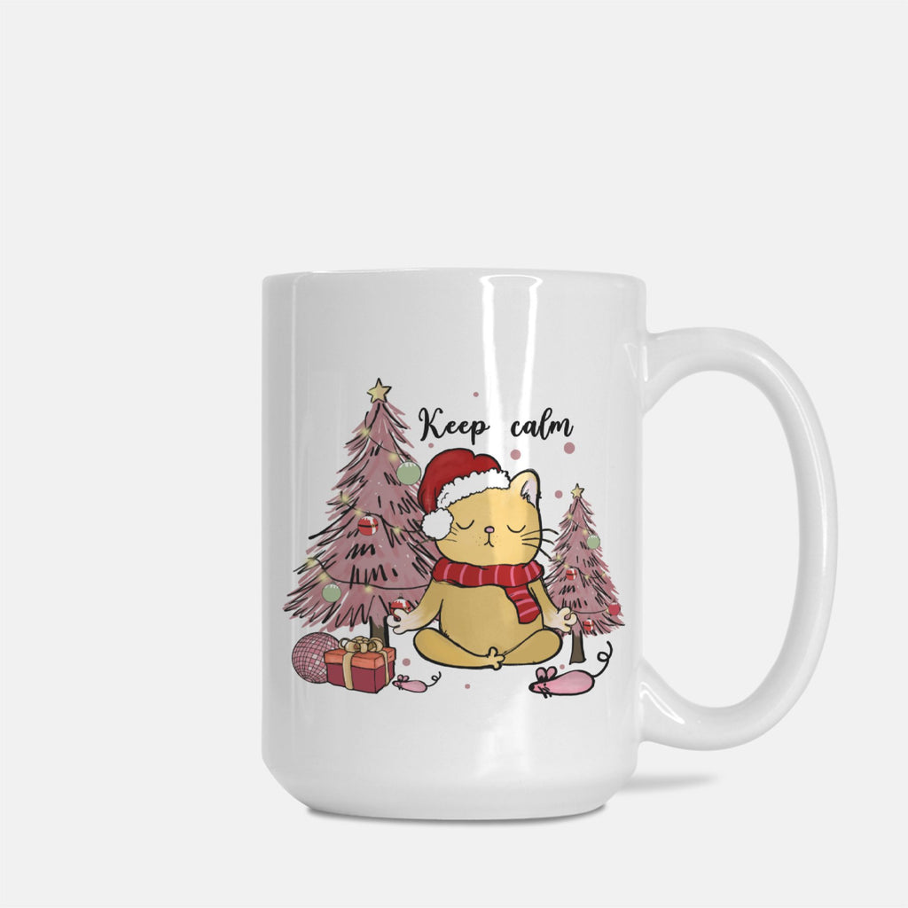 White mug with a Christmas-themed design featuring a cat, trees, and the text 'Keep calm'.