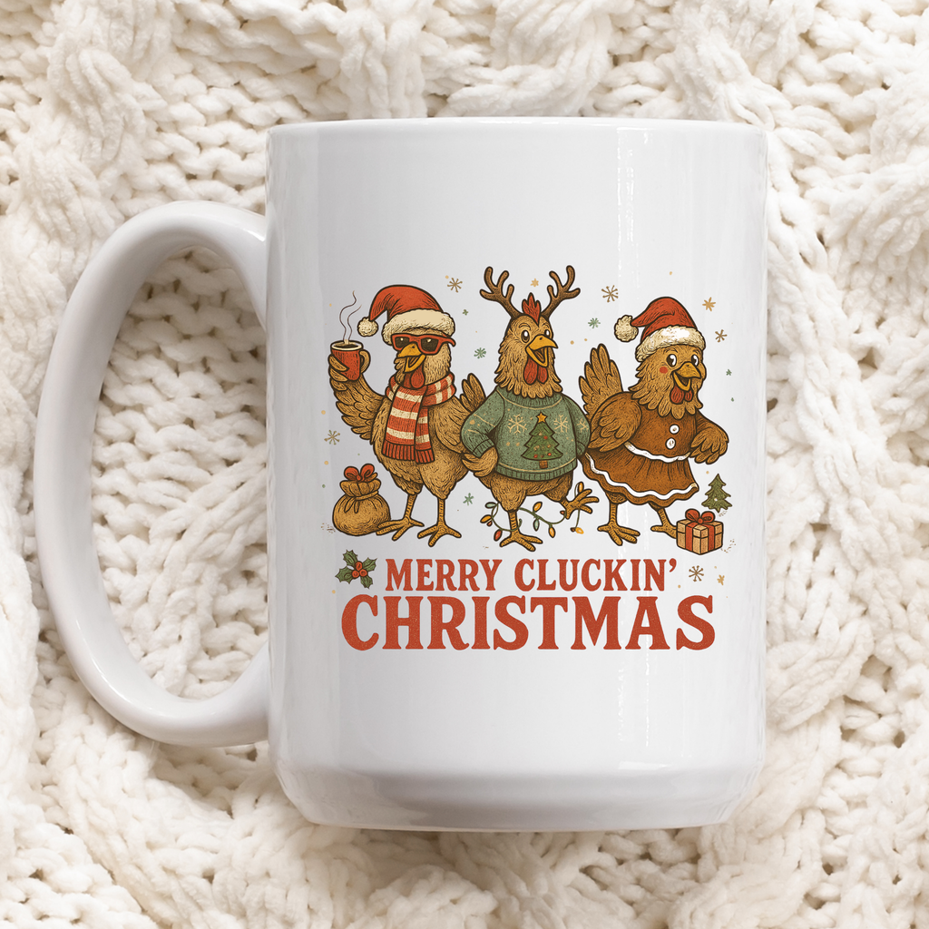 White mug with Christmas-themed design featuring chickens in festive attire on a white textured background.