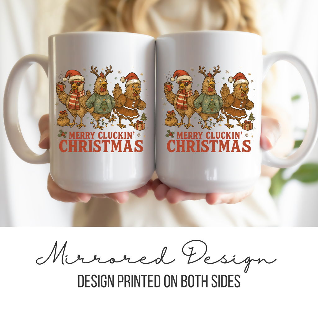 Two white mugs with a mirrored design of chickens wearing Christmas hats and text, held together.