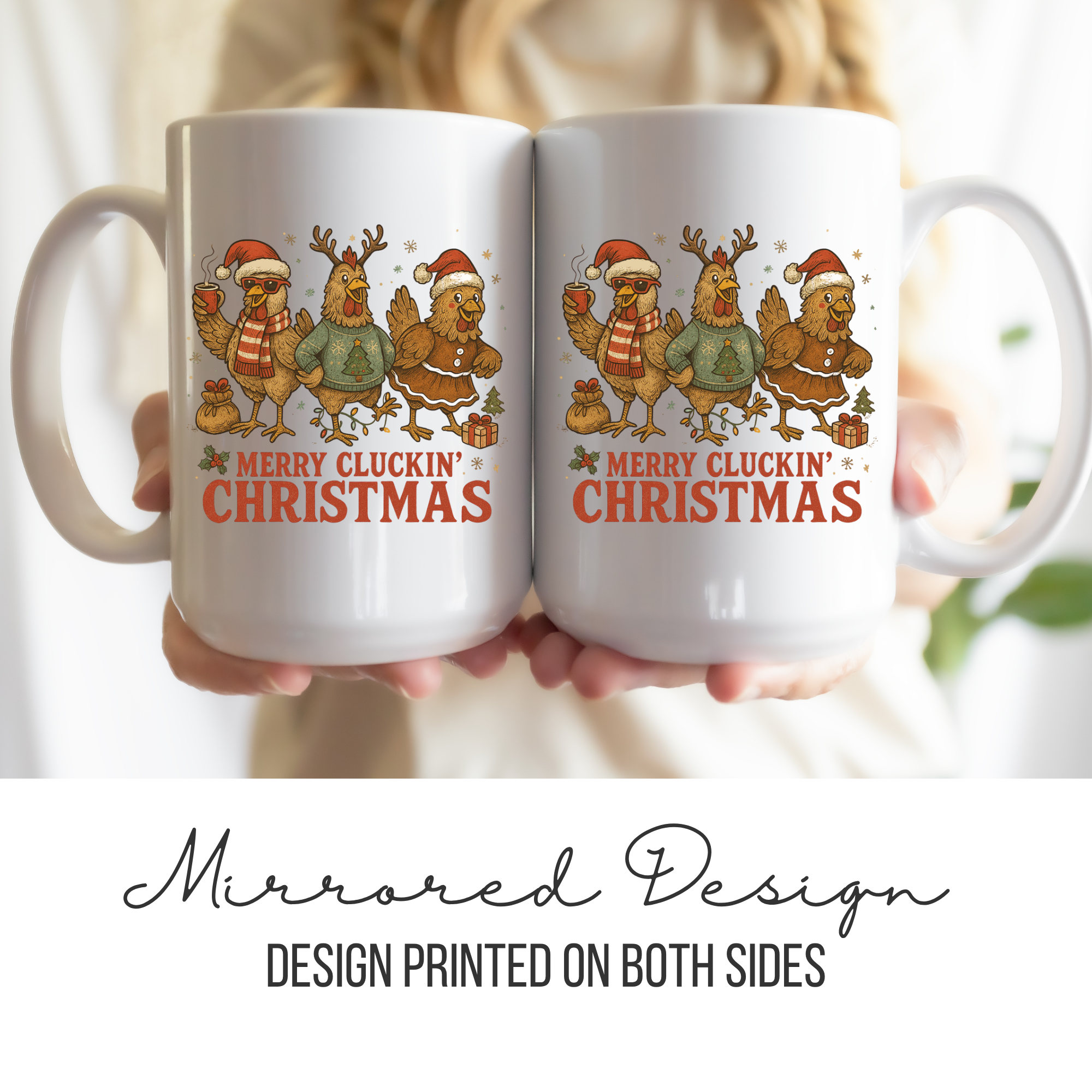 Two white mugs with a mirrored design of chickens wearing Christmas hats and text, held together.
