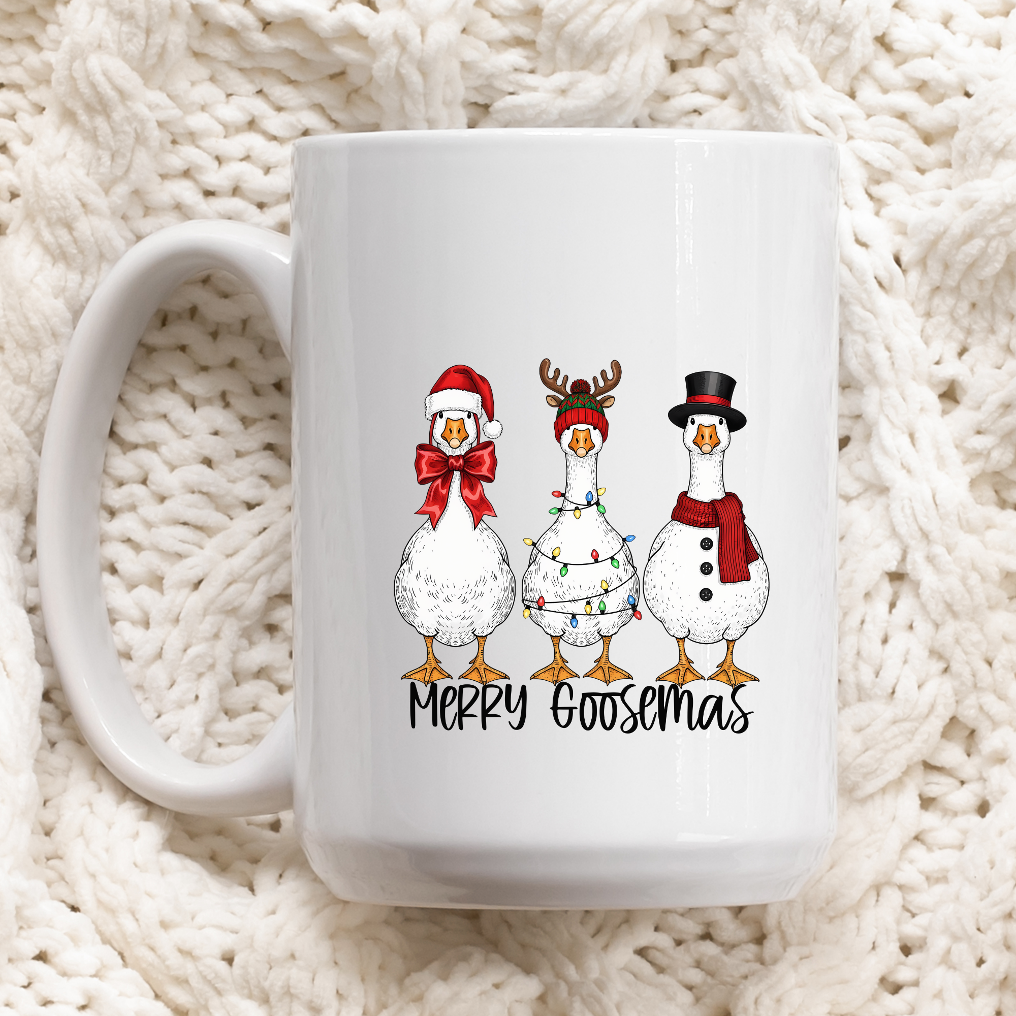 White mug with Christmas-themed design of geese on a white textured background