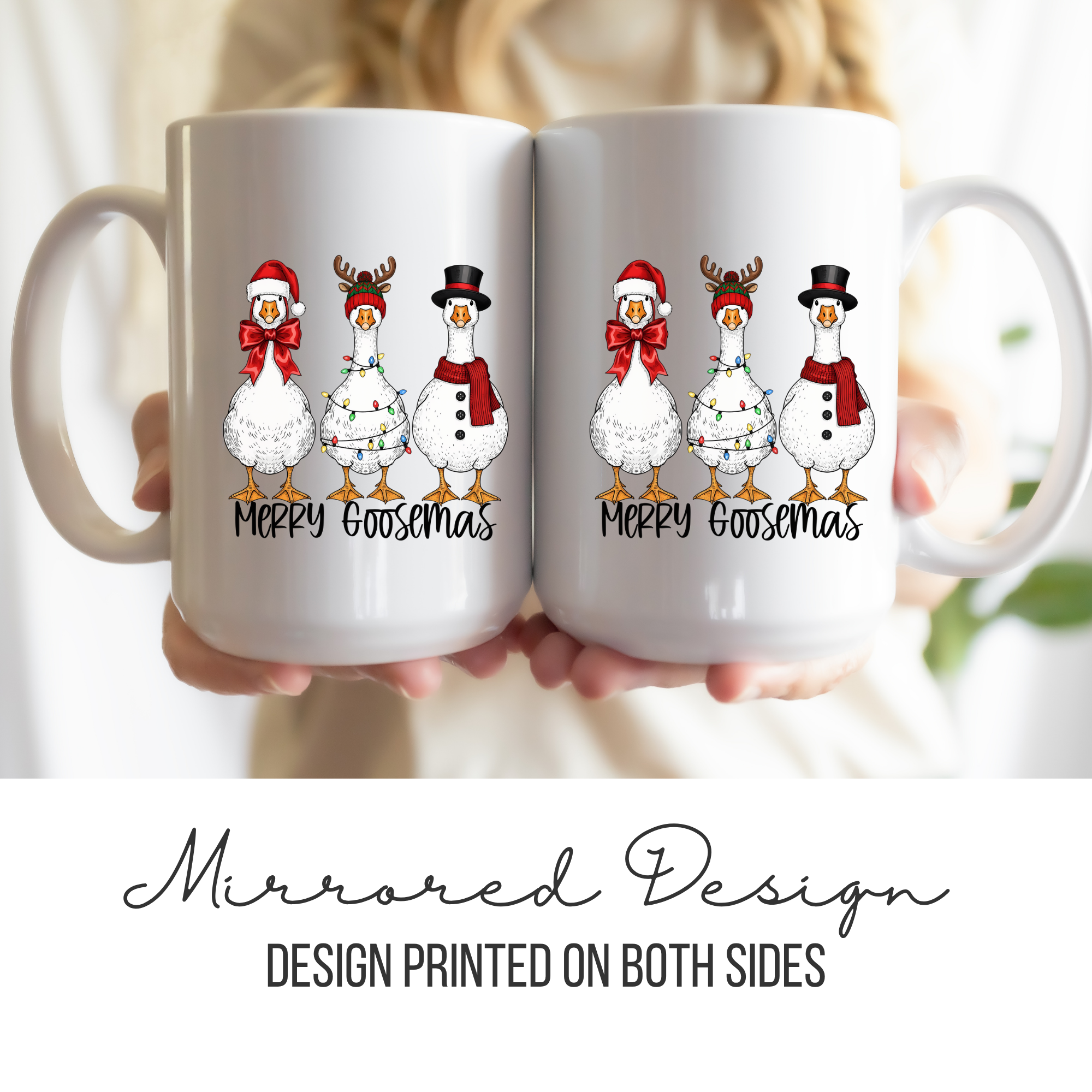 Two white mugs with Christmas-themed designs of geese wearing hats and scarves, held together.