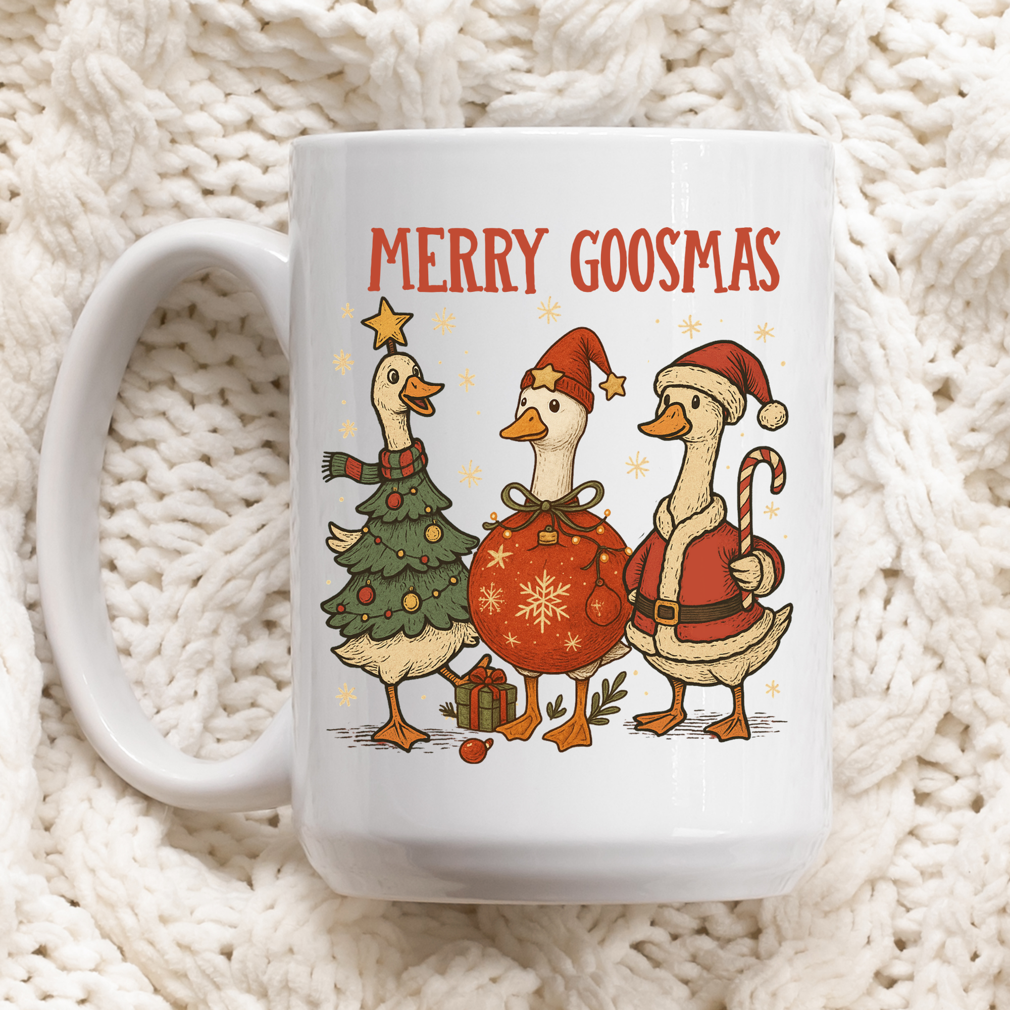 White mug with Christmas-themed design of ducks and 'Merry Goosmas' text on a textured white background