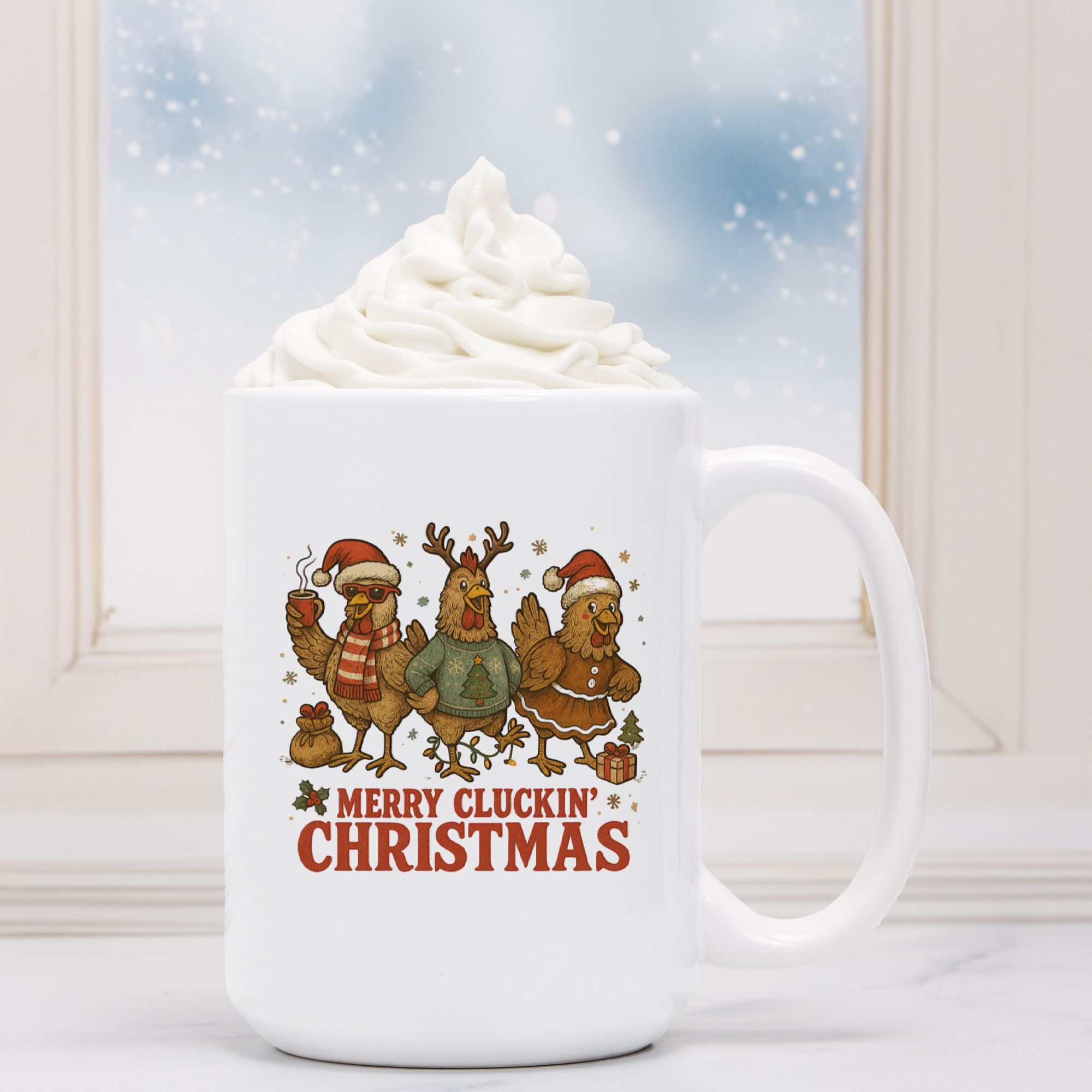 White mug with Christmas-themed design featuring chickens in costumes, text 'Merry Cluckin' Christmas', against a snowy window background.