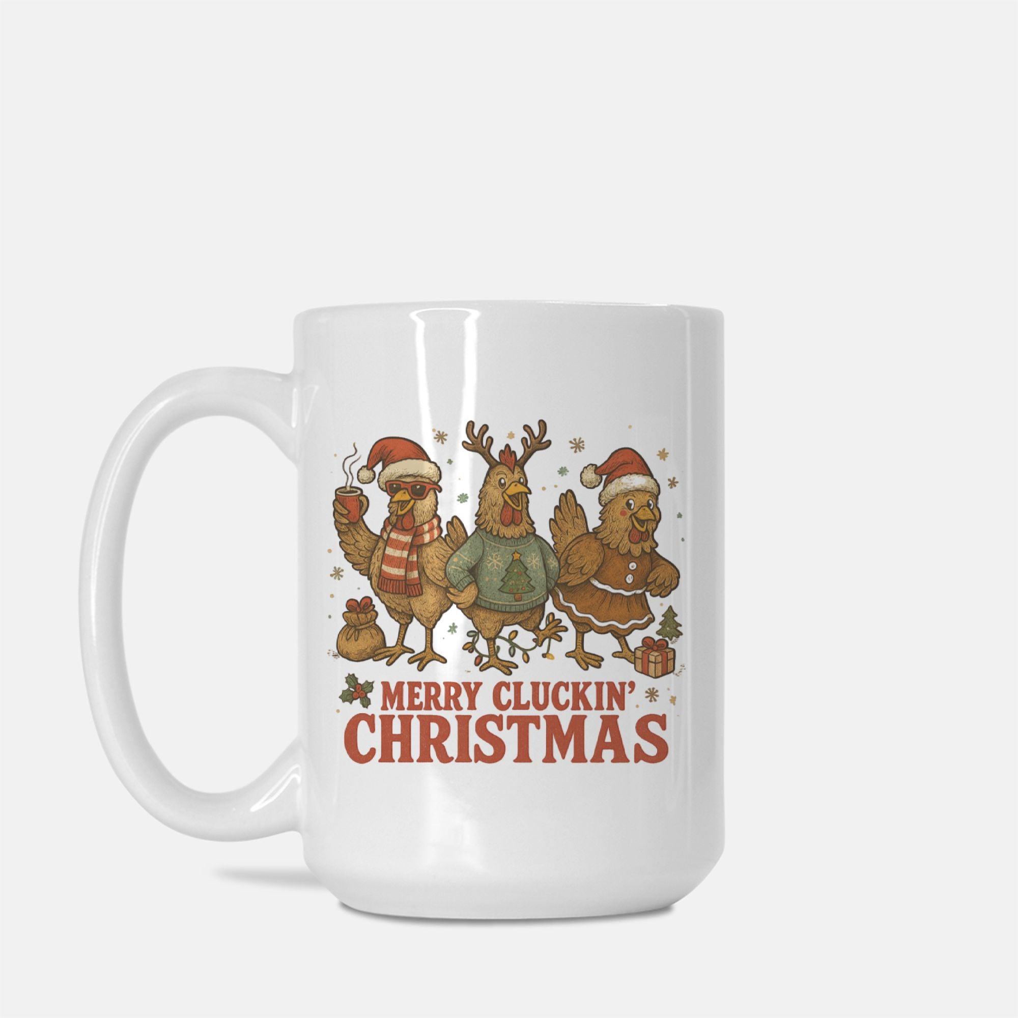 White mug with Christmas-themed design featuring chickens in holiday attire on a white background