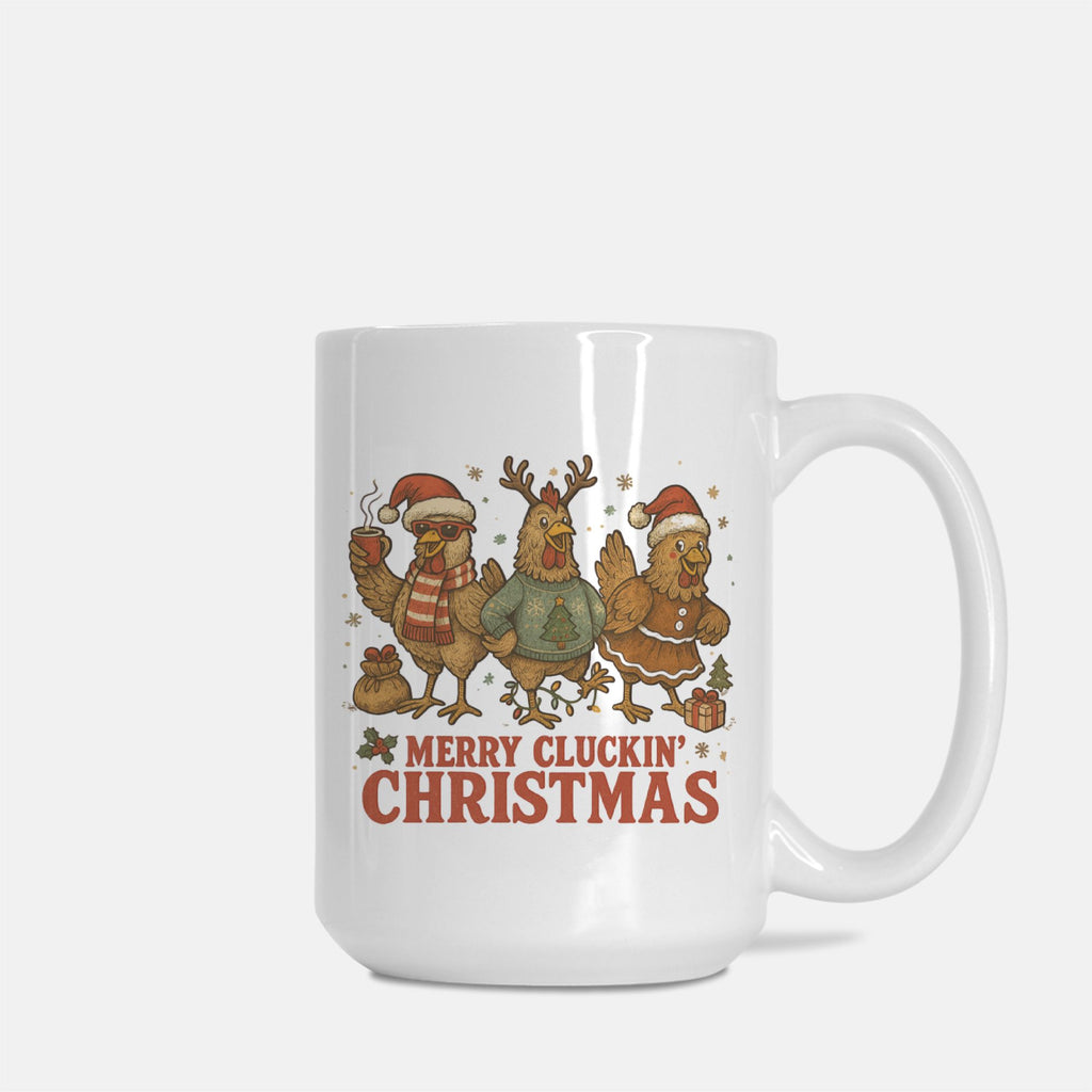 White mug with Christmas-themed design featuring chickens and text on a white background