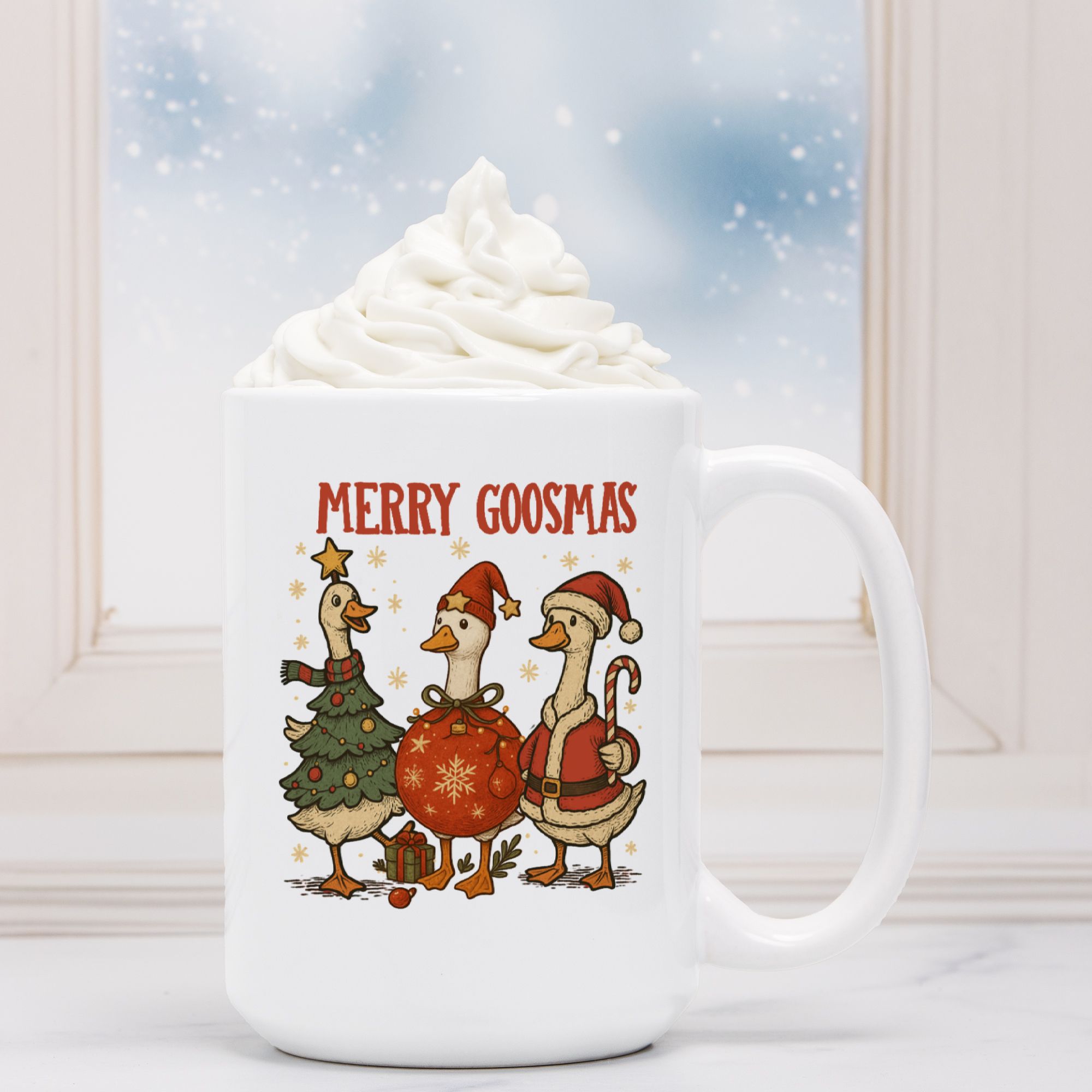 White mug with Christmas-themed design of ducks and text 'Merry Goosmas' on a snowy background.
