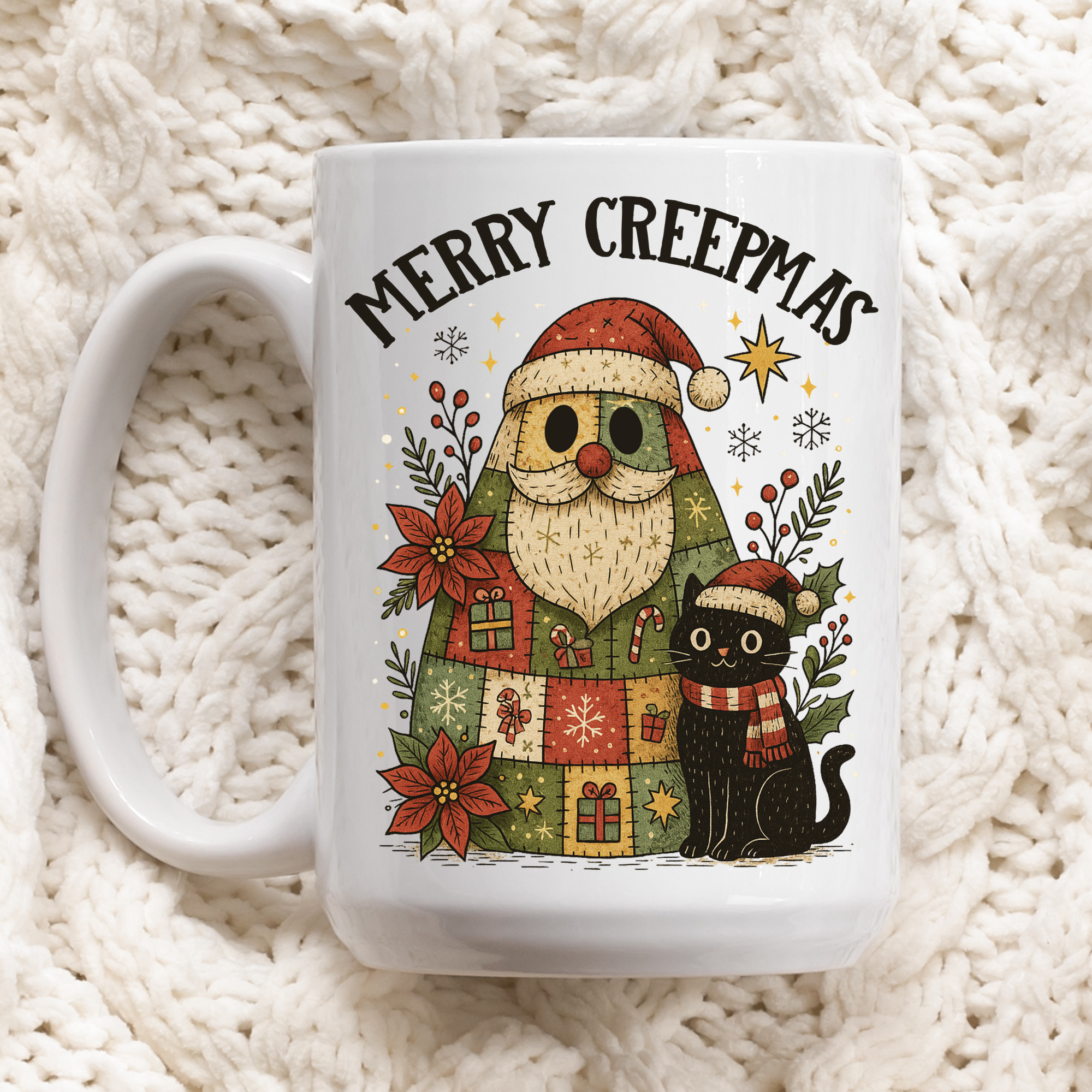 Mug with Christmas design featuring a Santa Claus-like character and black cat on a textured white background.