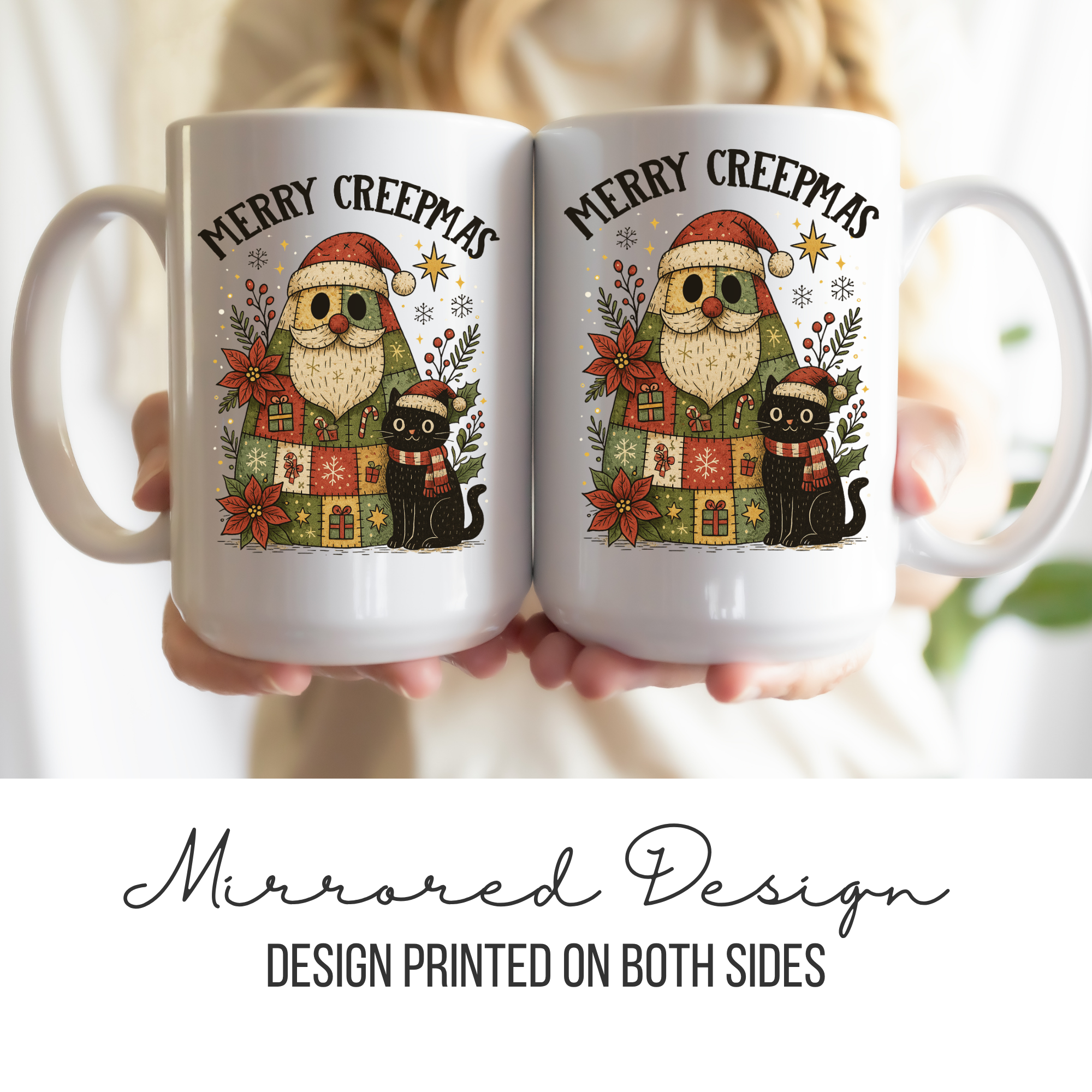 Two white mugs with a mirrored design of Santa Claus and a black cat, featuring the text 'Merry Creepmas'.
