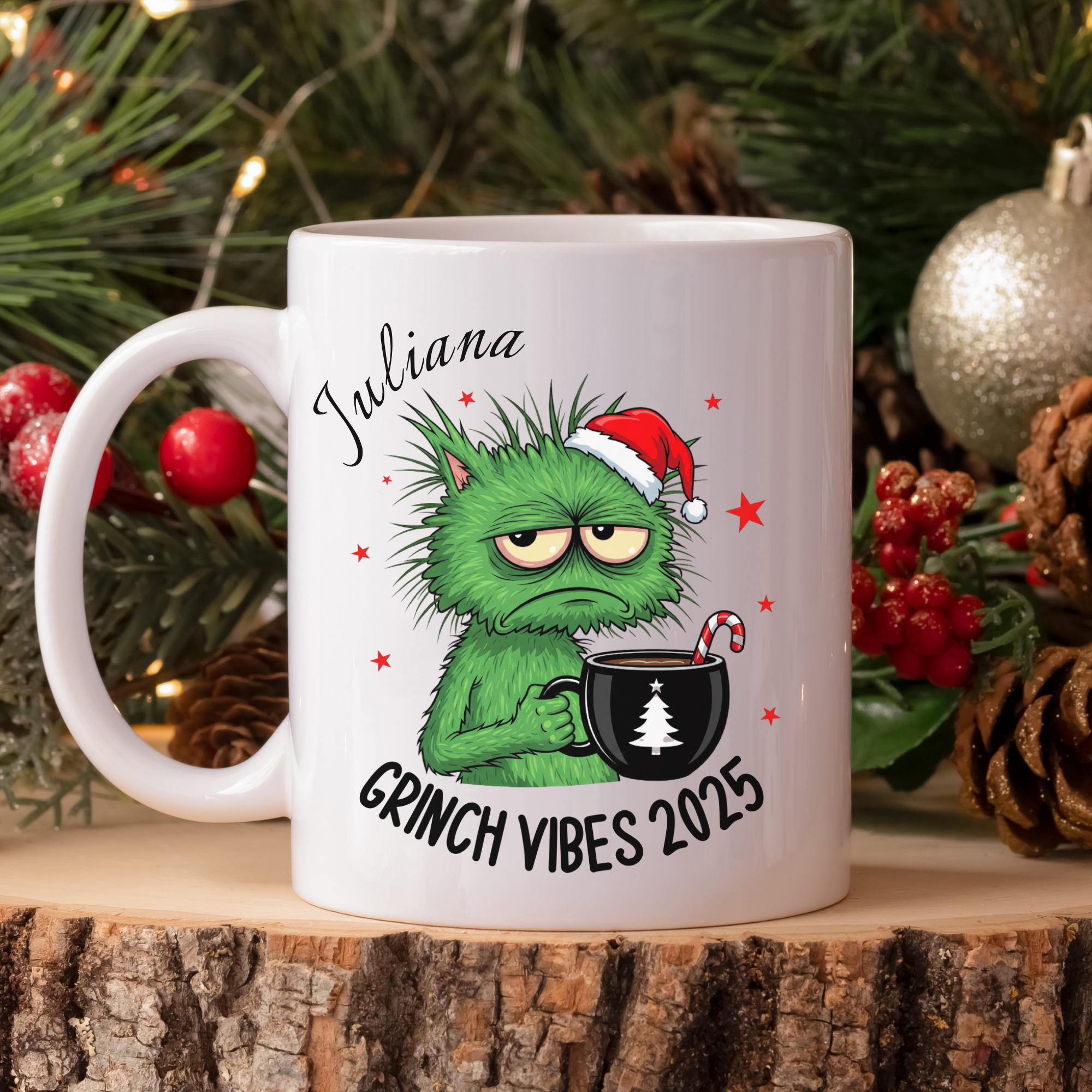 Perma Resting Grinch Face Cat Mug – Custom Name | Funny Holiday Christmas Coffee Cup | Grinch Vibes 2025