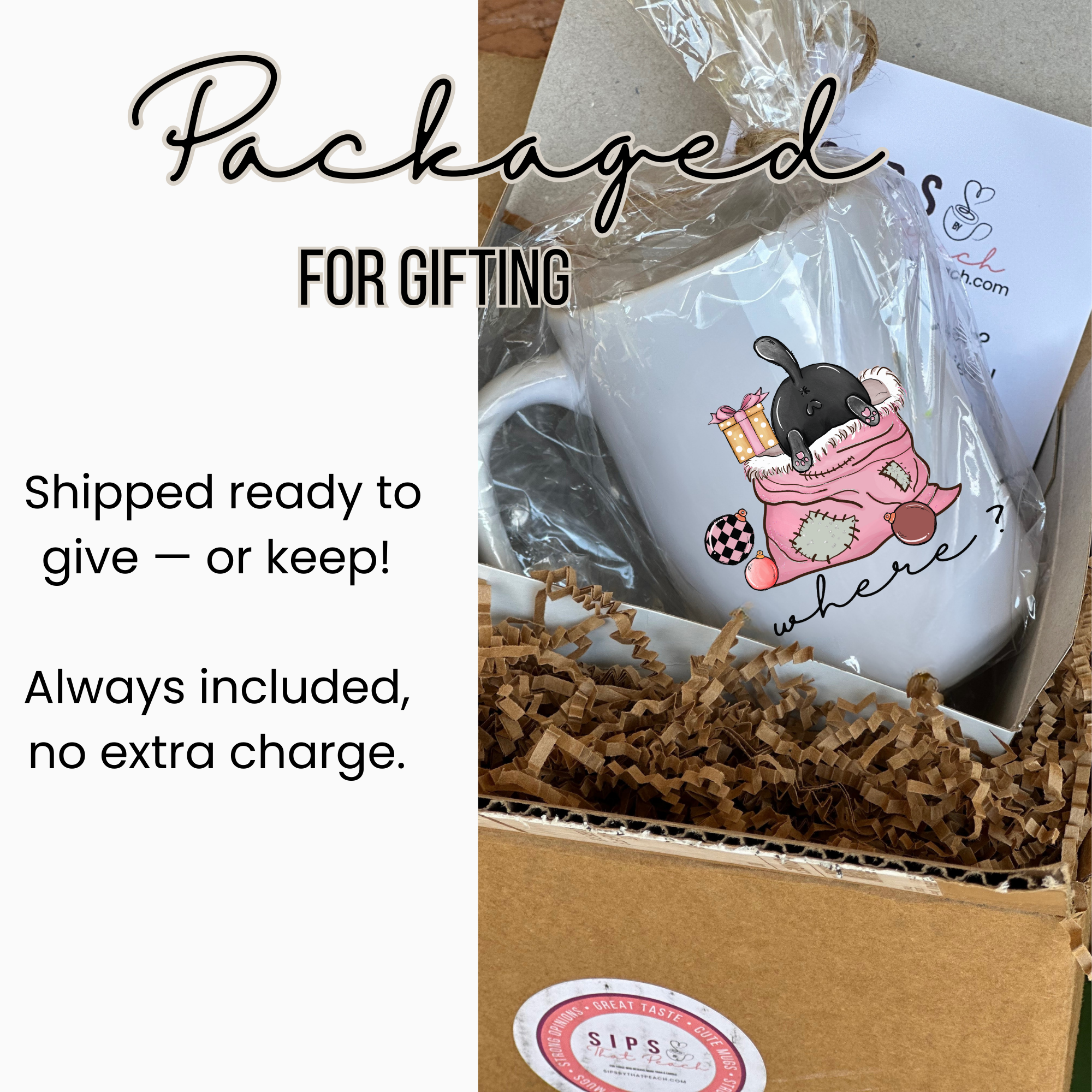 White mug with a black cat design and text 'WHAT?' in a gift box, labeled 'Packaged for Gifting'.