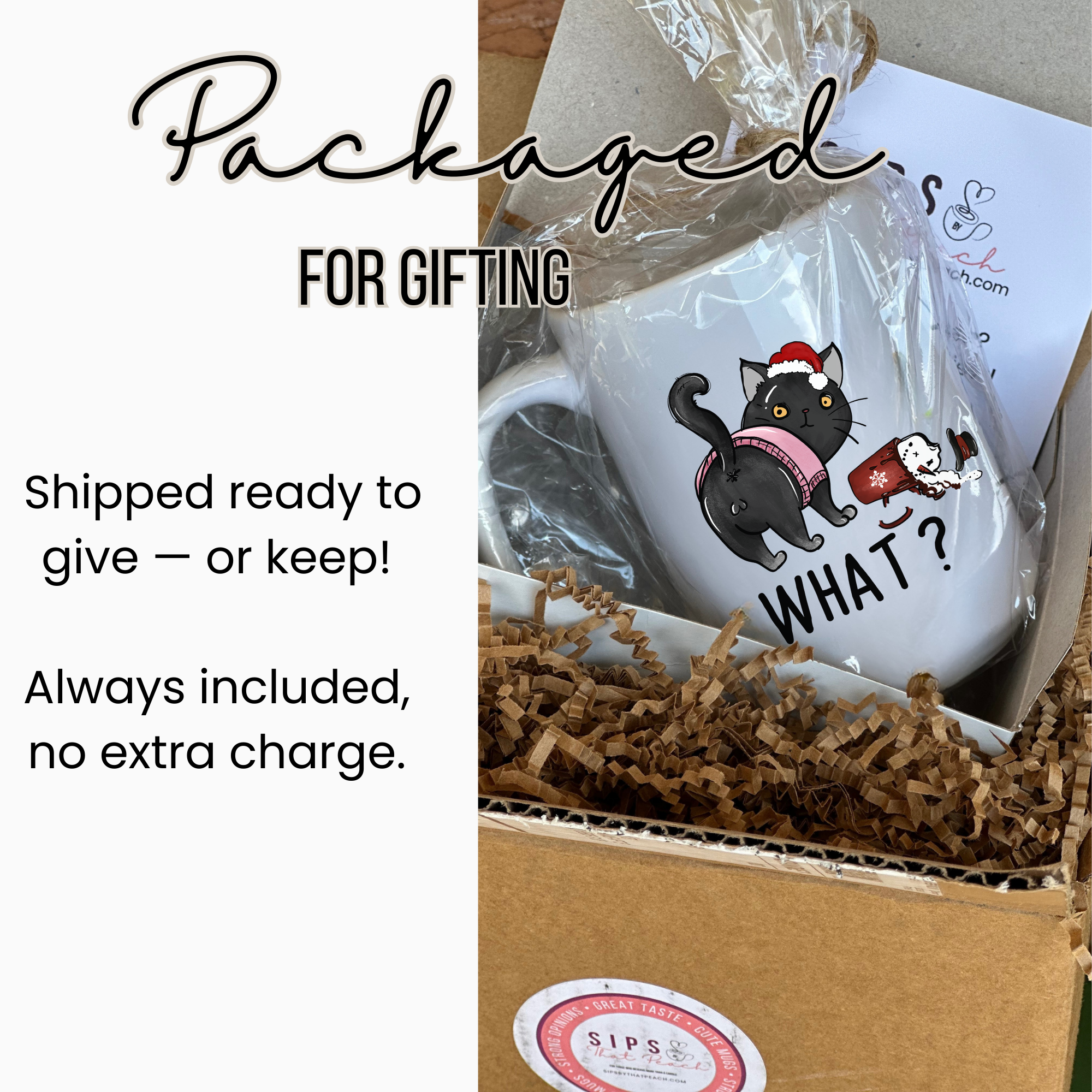 White mug with a black cat Christmas design and text 'WHAT?' in a gift box, labeled 'Packaged for Gifting'.