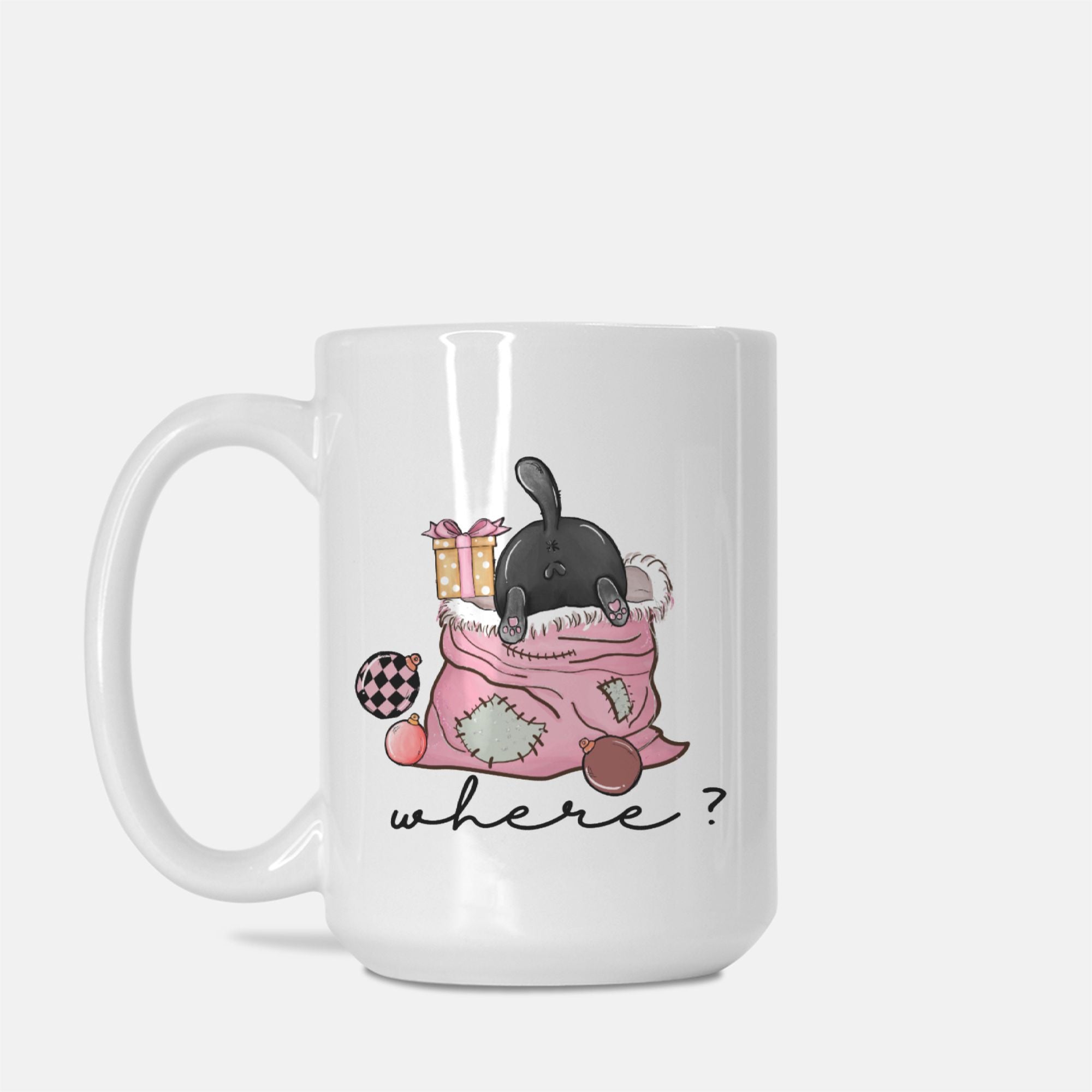 White mug with a cartoon character black cat and text 'where?' on a white background