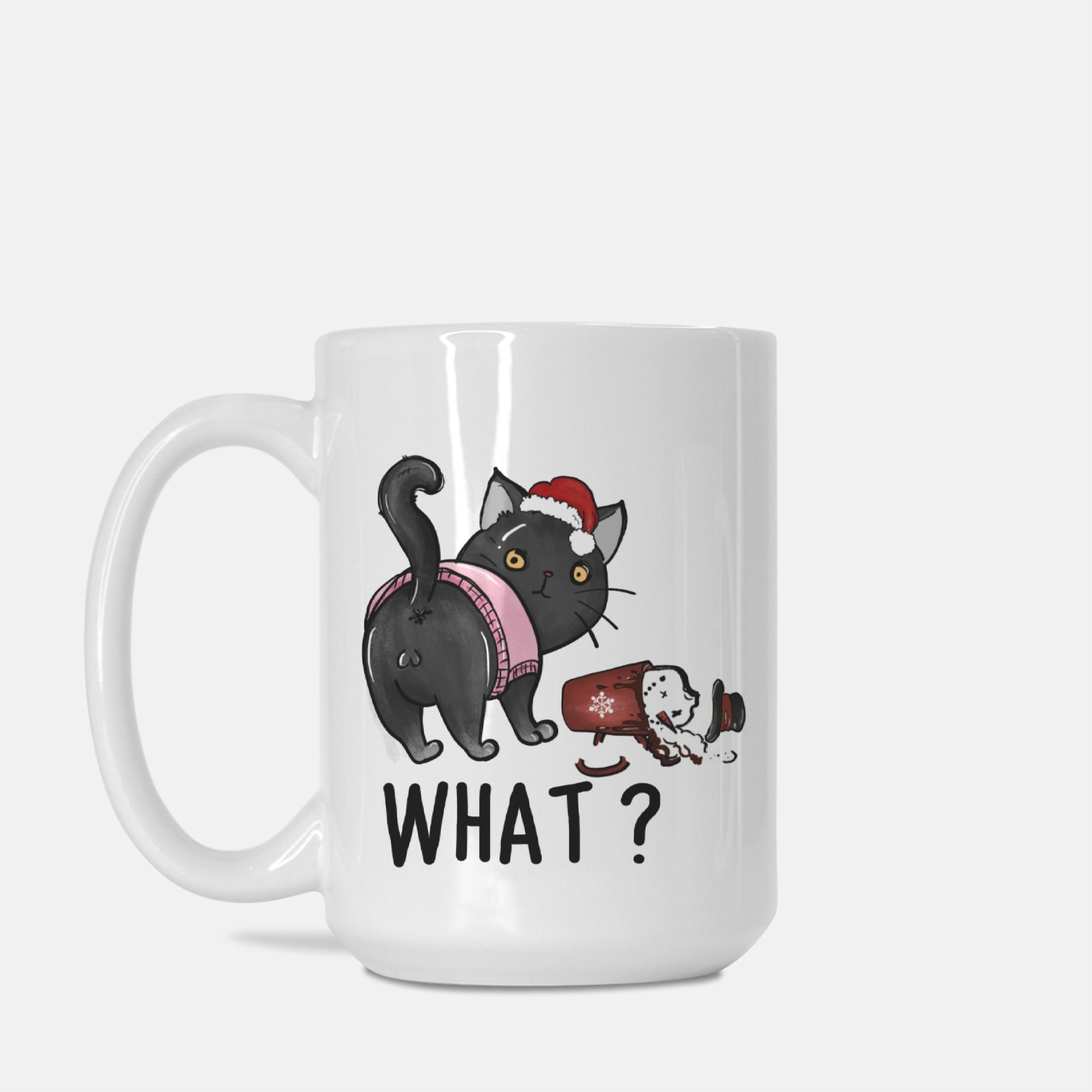 White mug with a cartoon cat wearing a Santa hat and the word 'WHAT?' on a white background