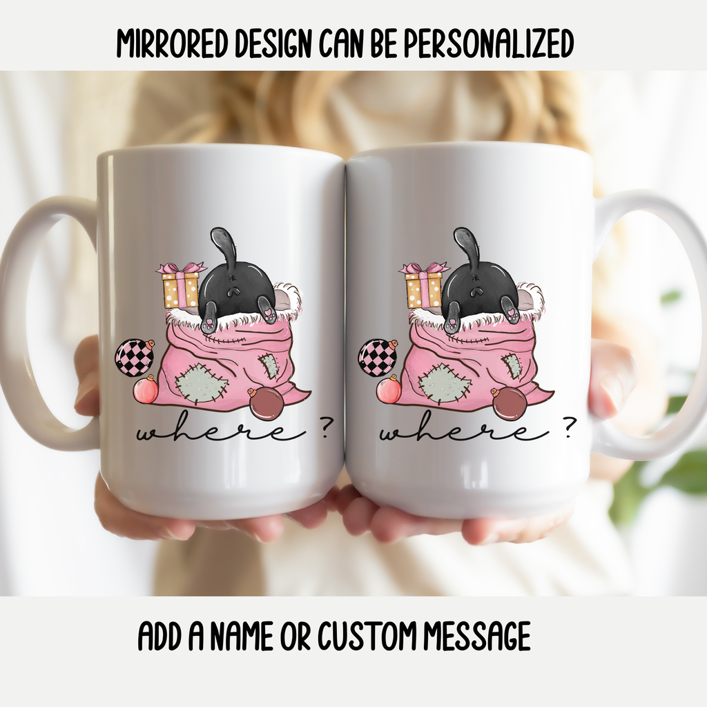 Two white mugs with black cat illustrations and text held together, featuring a mirrored design option.