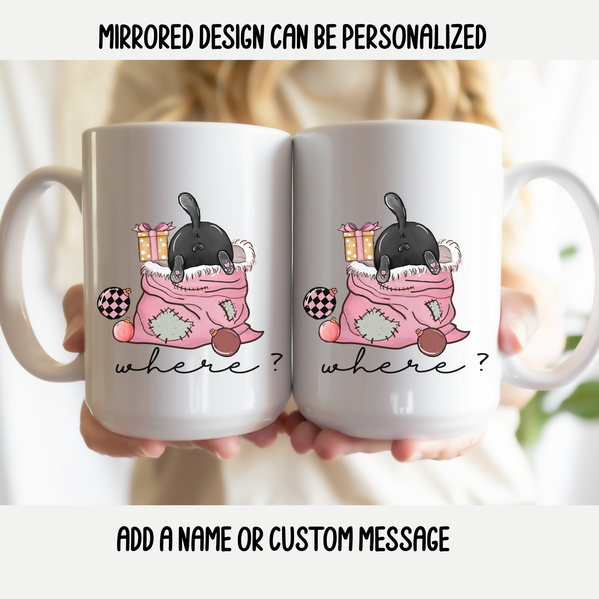 Two white mugs with black cat illustrations and text held together, featuring a mirrored design option.