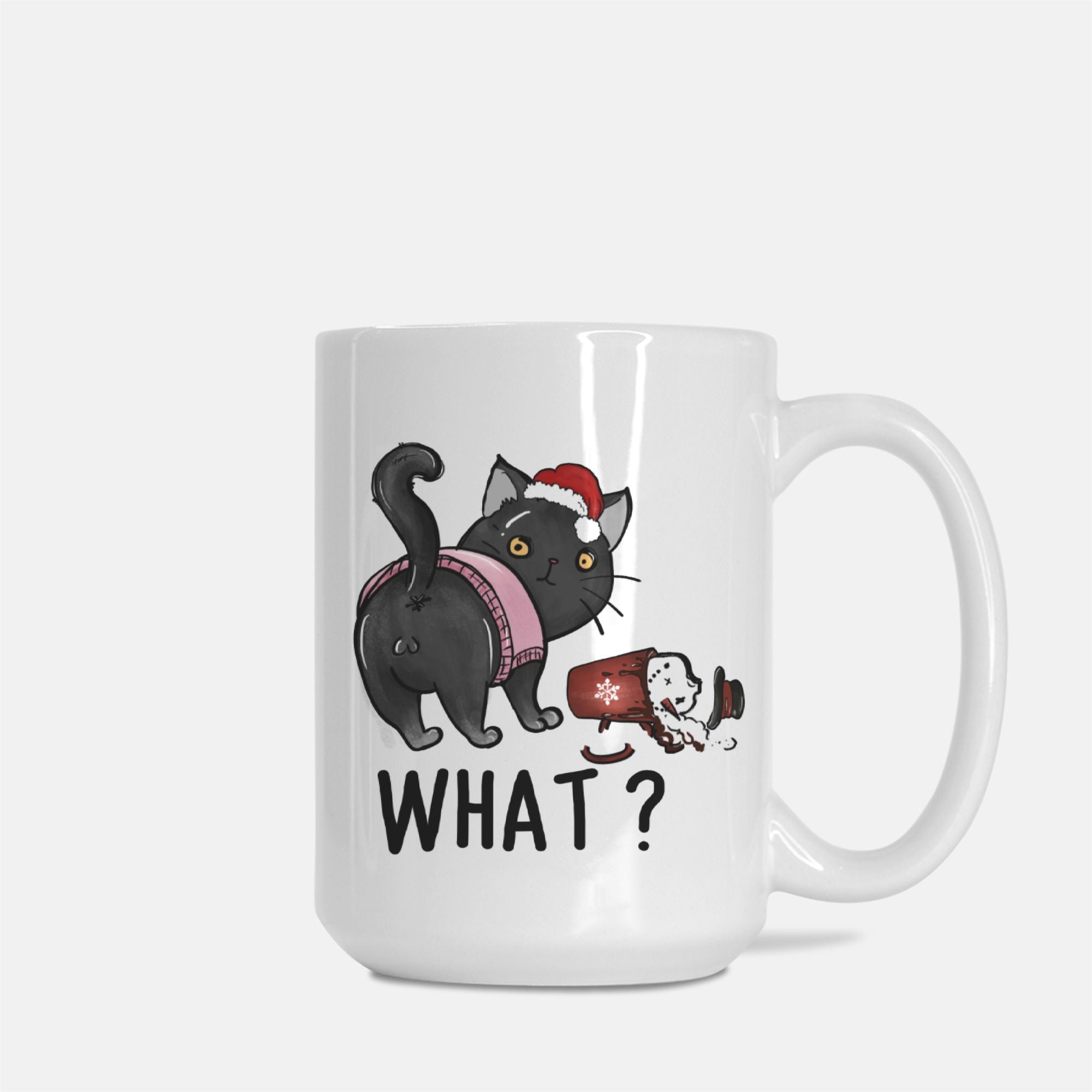 White mug with a black cat dressed for Christmas illustration and 'WHAT?' text on a white background