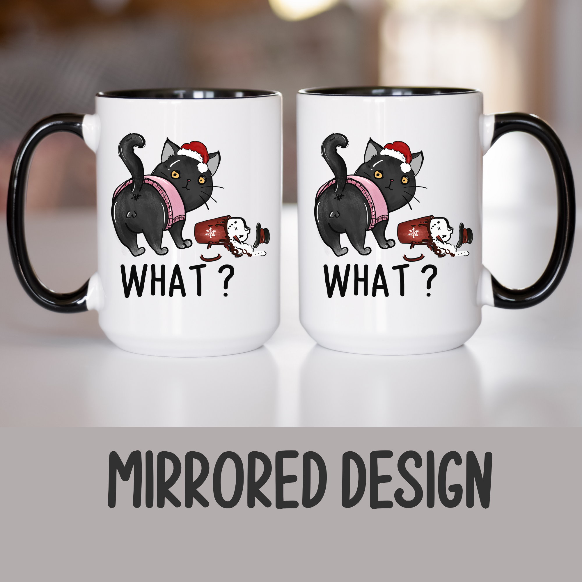 Two white mugs with a black Christmas cat design and mirrored text, held together.