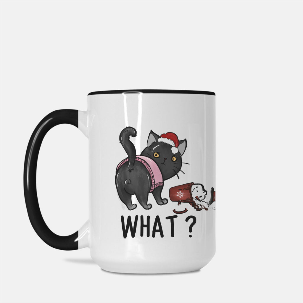 White mug with black handle featuring a cartoon cat dressed up for Christmas and a knocked over drink and text 'What?' on a white background