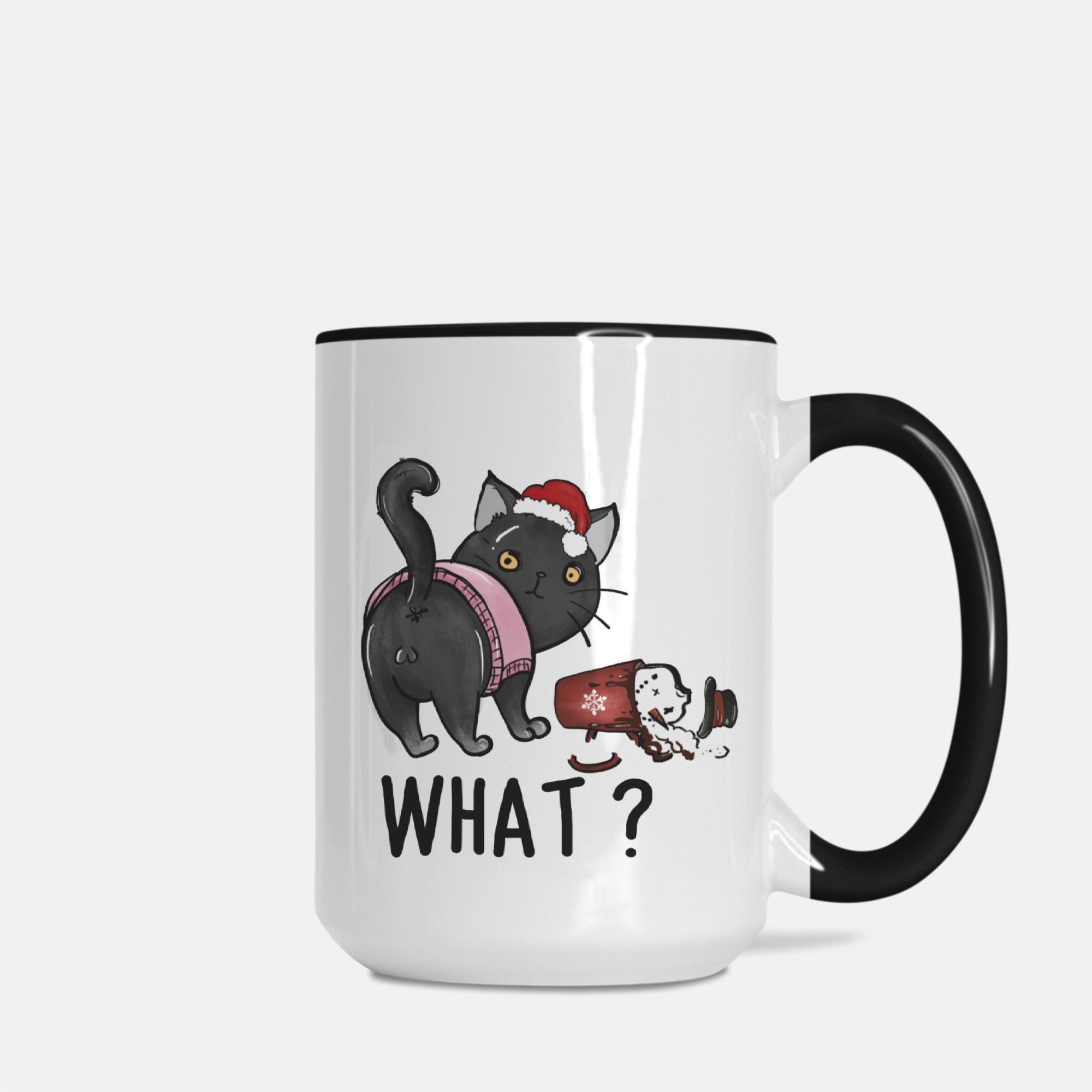 Mug with a black cat wearing a Santa hat and a small dog, with 'WHAT?' text, on a white background.
