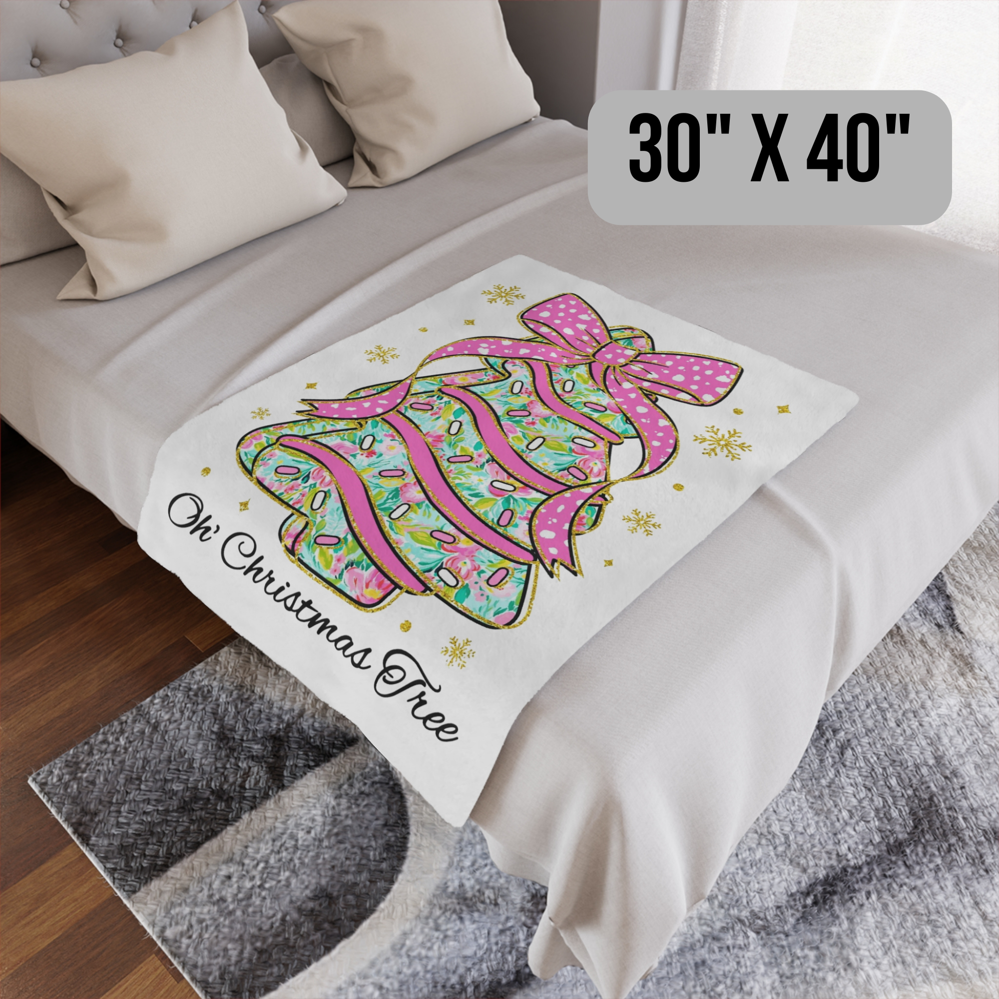 Decorative blanket with Christmas design on a bed, showing size '30" x 40"'.