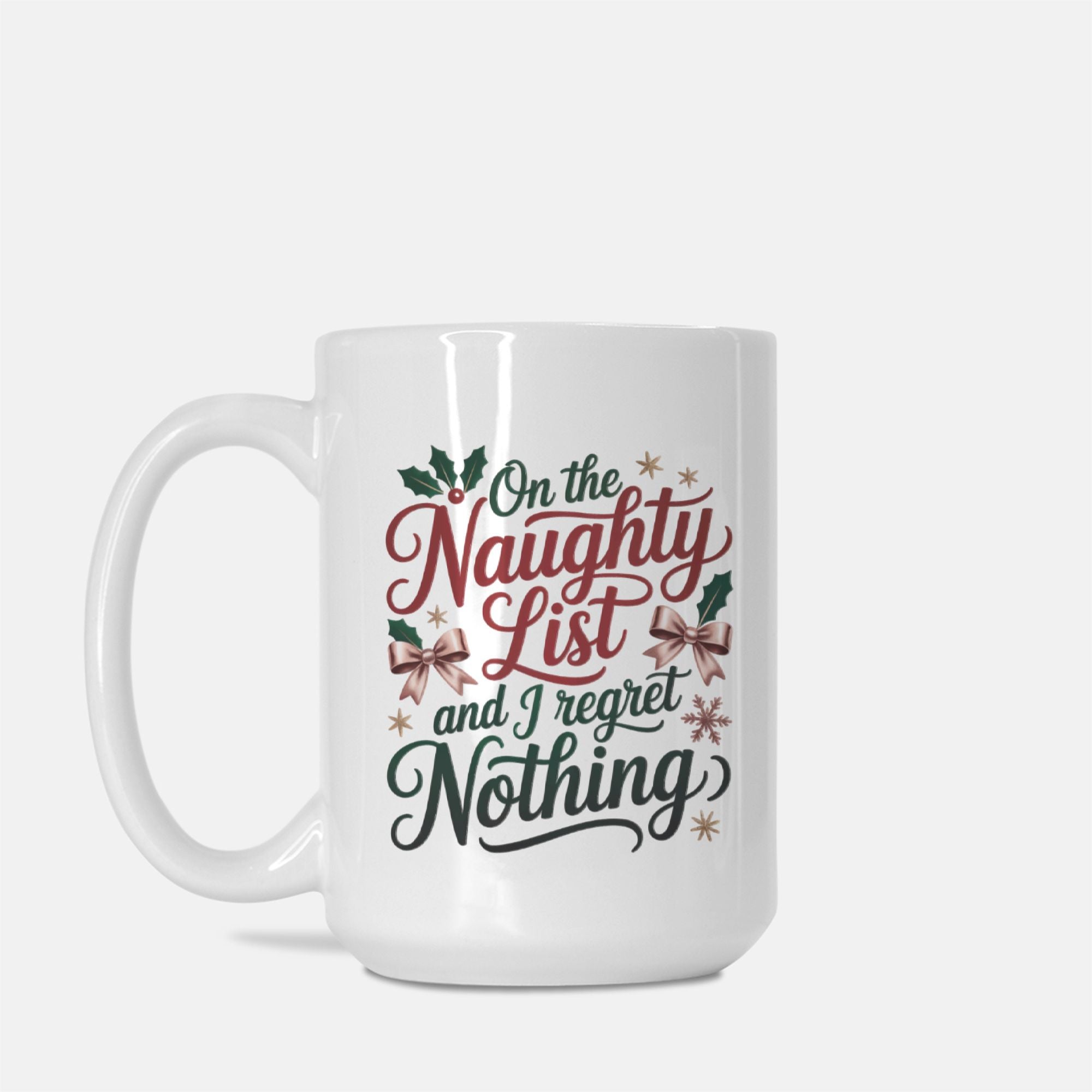 White mug with Christmas-themed text on a white background