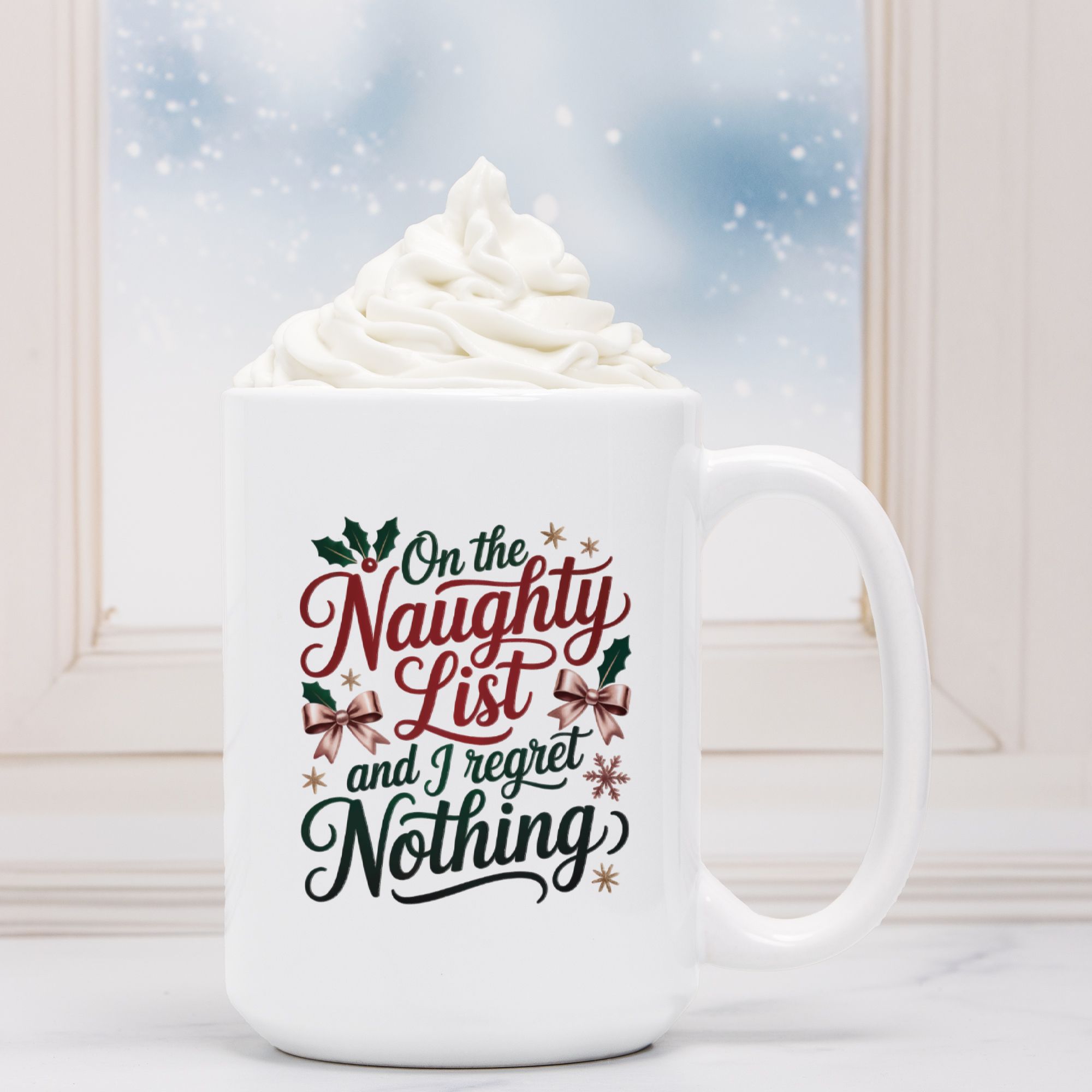 White mug with Christmas-themed text on a snowy background