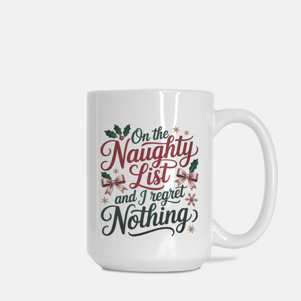 White mug with Christmas-themed text design on a white background