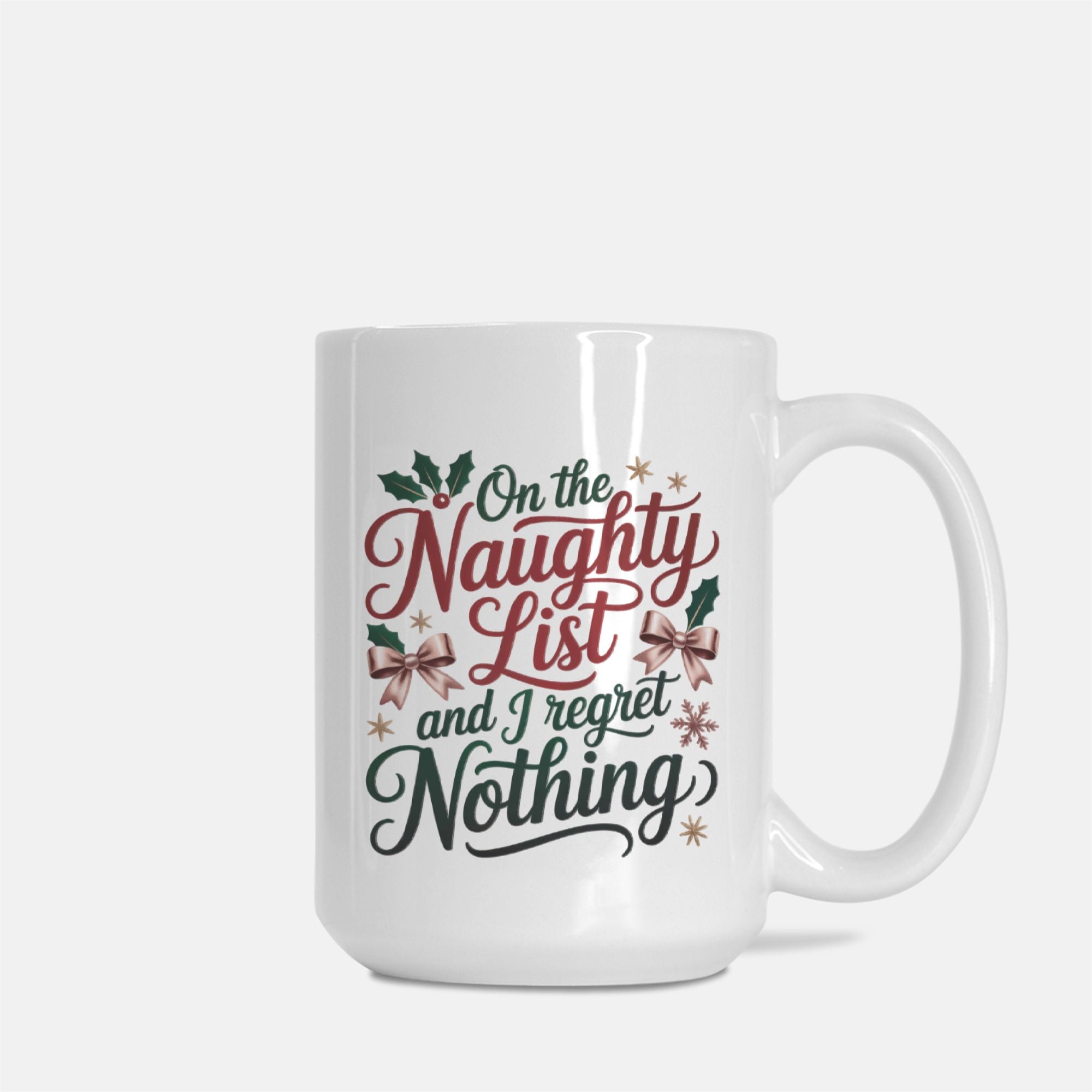 White mug with Christmas-themed text design on a white background