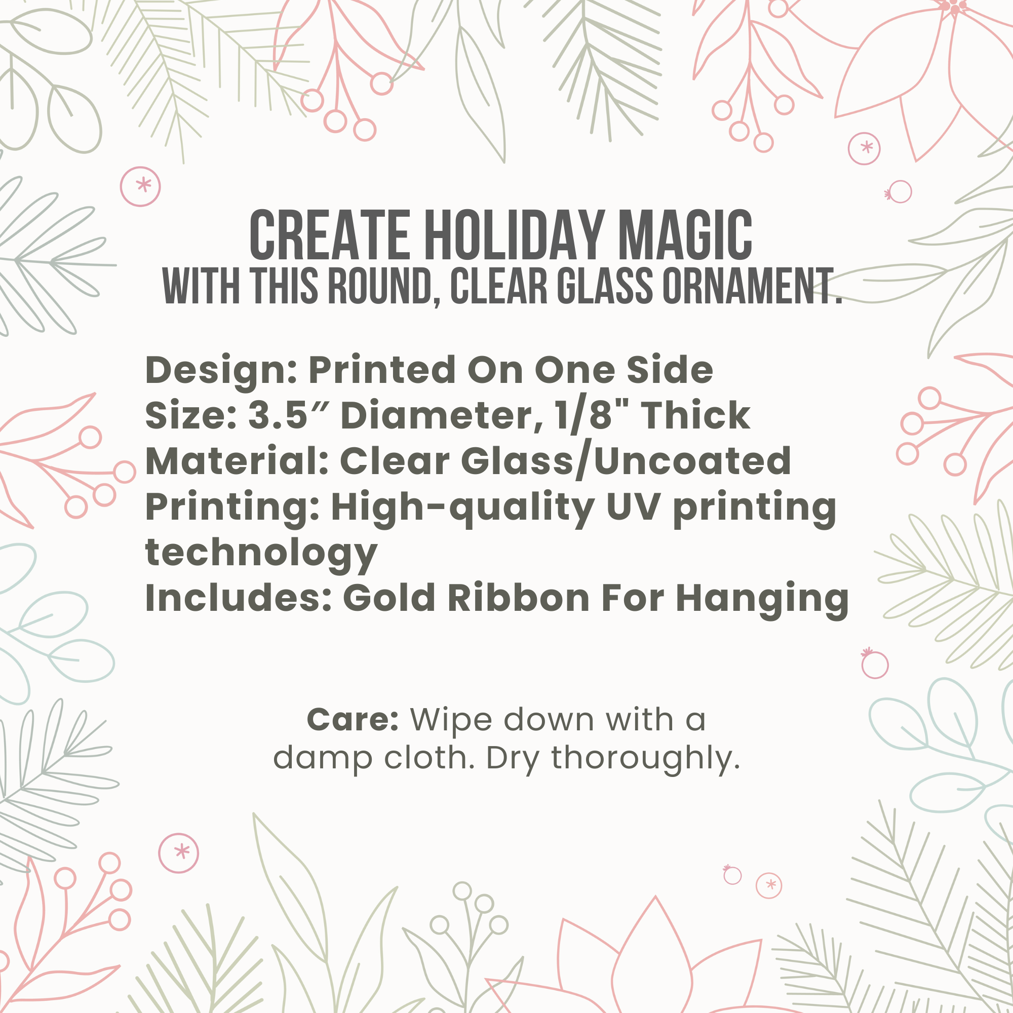 Product description card for a round, clear glass ornament with floral patterns on a light background.